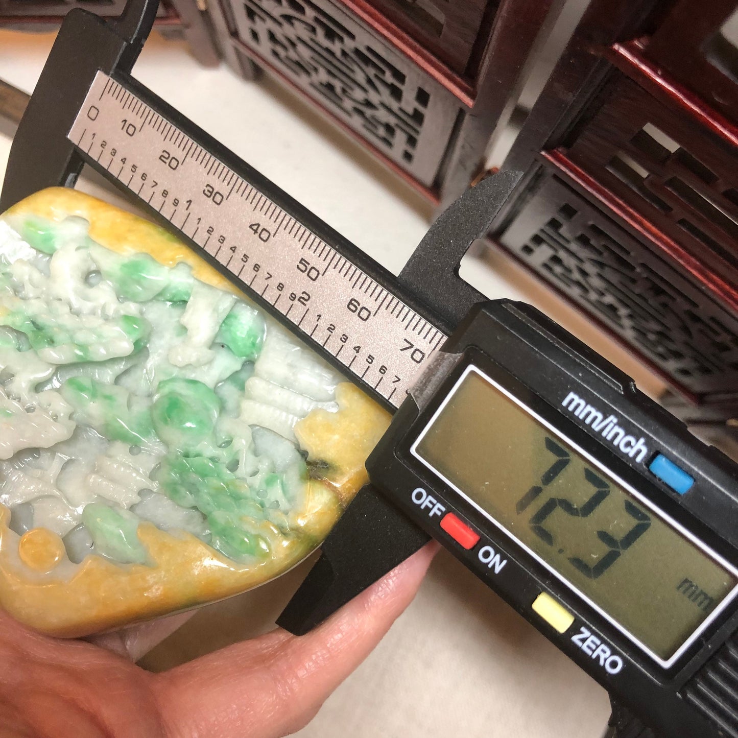 62.8mm Jadeite Jade Yellow Green Carved Statue Display Scenery Landscape