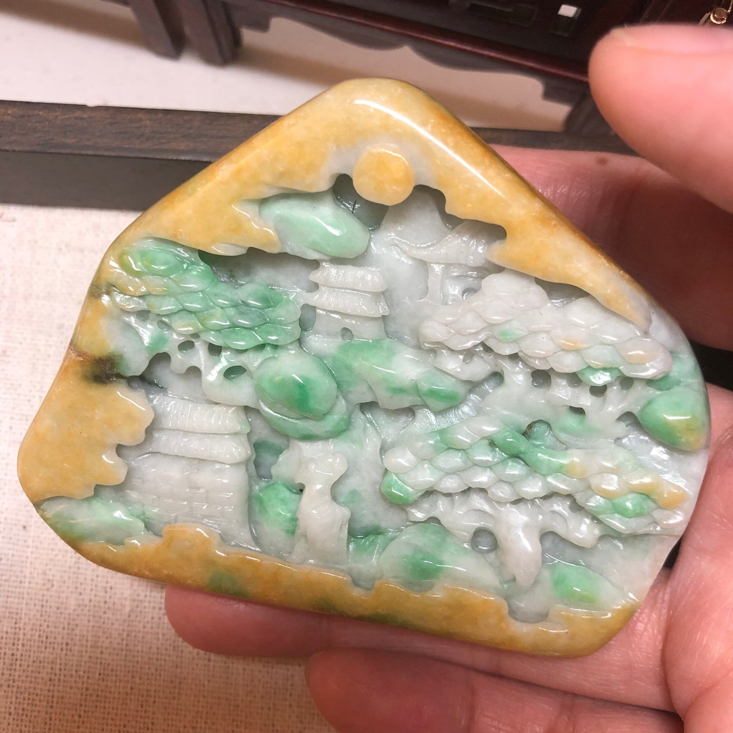 62.8mm Jadeite Jade Yellow Green Carved Statue Display Scenery Landscape