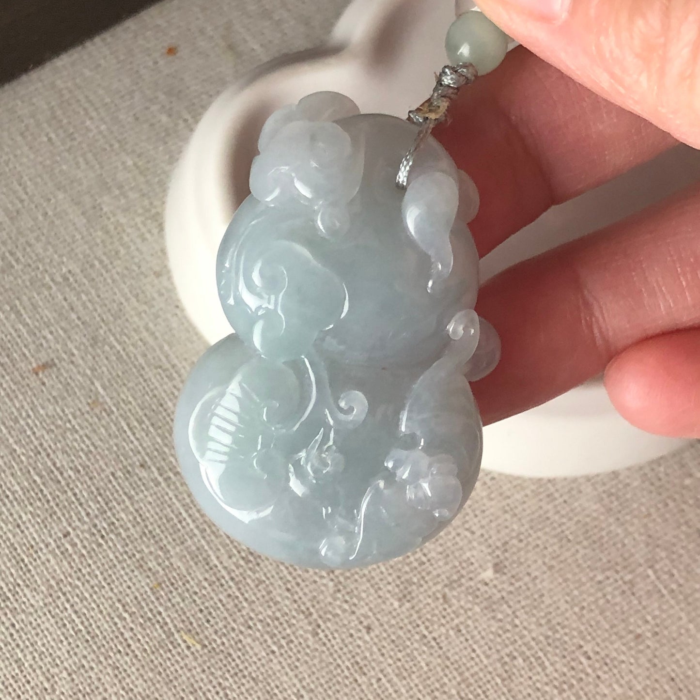 Reserved: 44.6 Icy Sky Blue Jadeite Jade Carved Ruyi Gourd Hulu Pendant