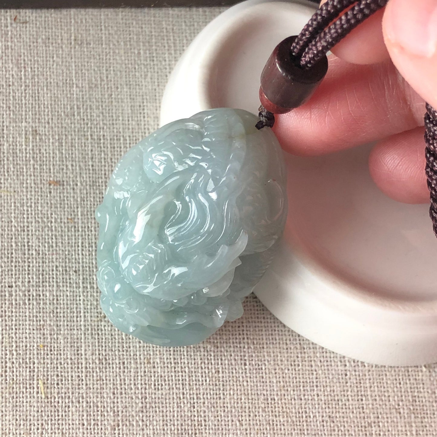 44.6 Icy Sky Blue Jadeite Jade Carved Ruyi Dragon Tail Pendant