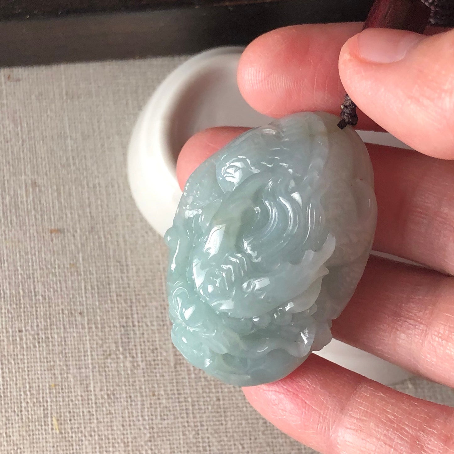 44.6 Icy Sky Blue Jadeite Jade Carved Ruyi Dragon Tail Pendant