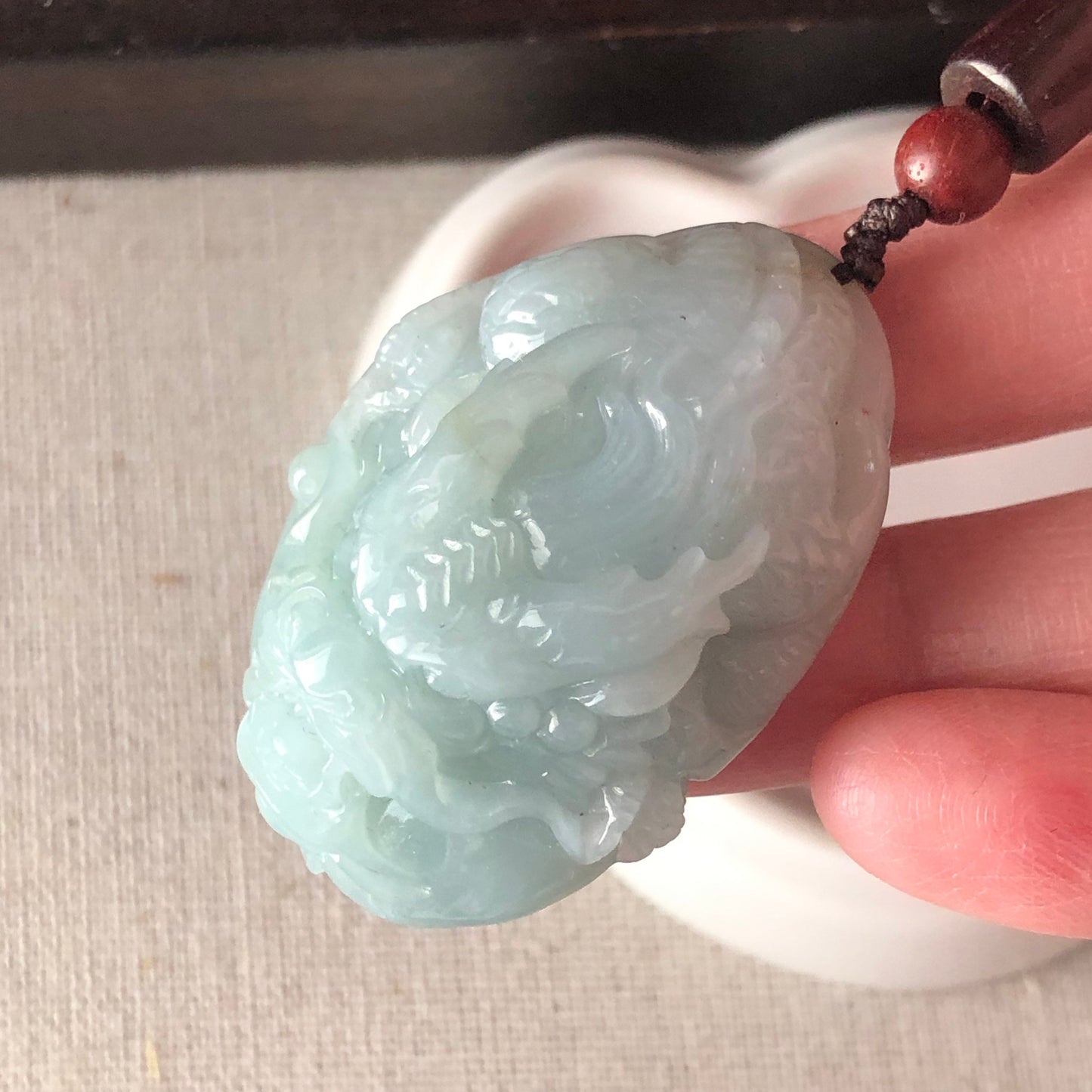 44.6 Icy Sky Blue Jadeite Jade Carved Ruyi Dragon Tail Pendant