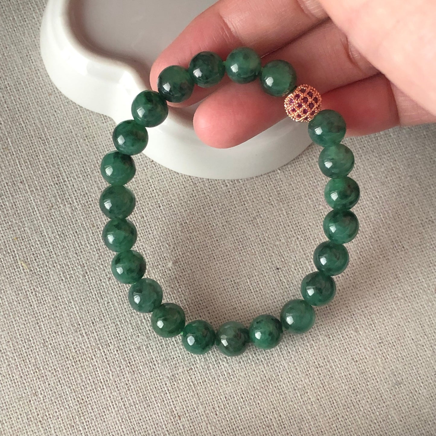 8.2mm Grade A Icy Spicy Green Dark Green Floating Flowers Jade Jadeite Beaded Bracelet 22pcs.
