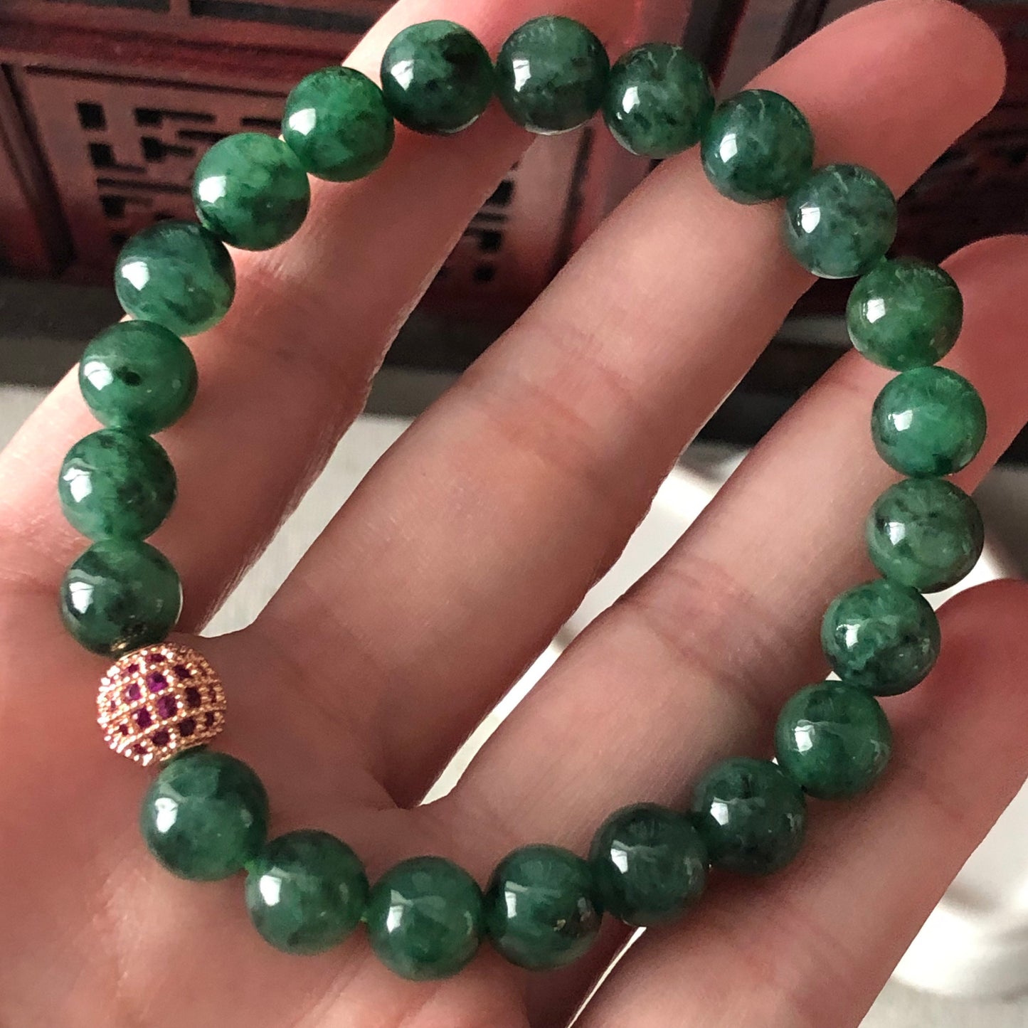 8.2mm Grade A Icy Spicy Green Dark Green Floating Flowers Jade Jadeite Beaded Bracelet 22pcs.