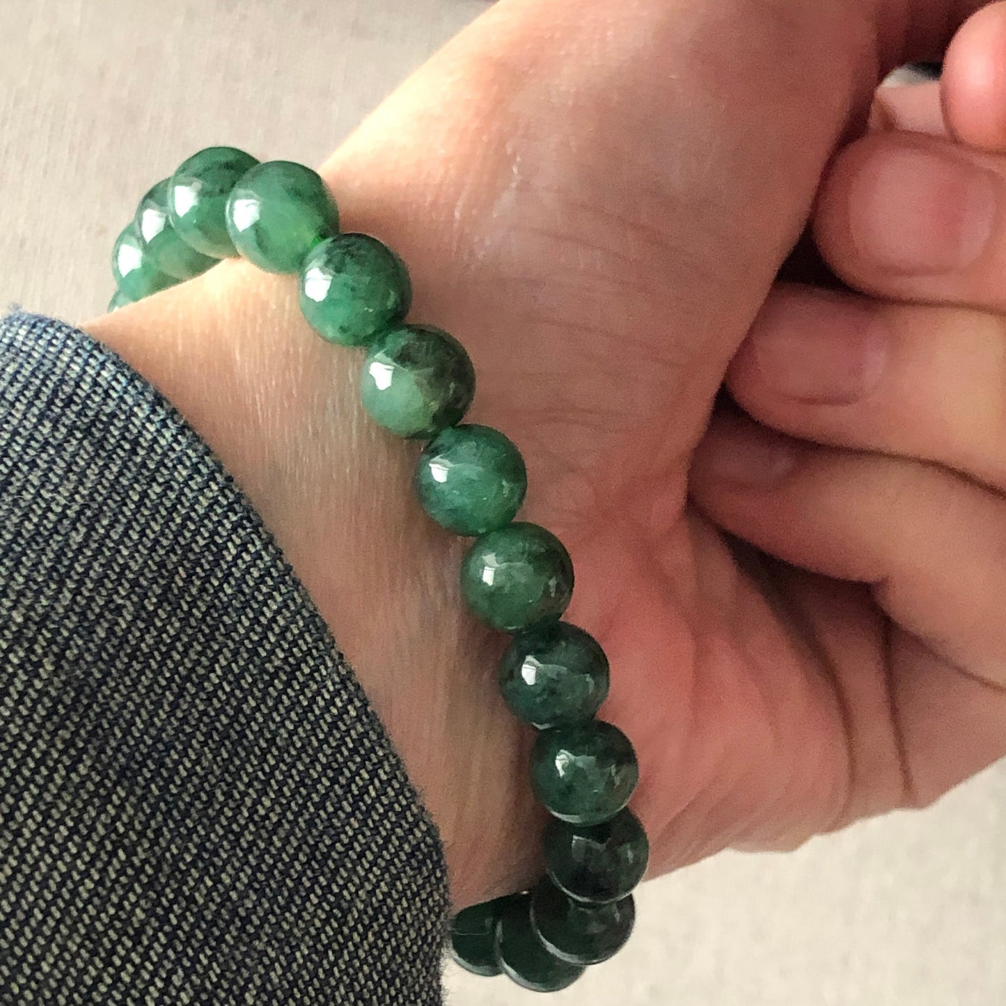 8.2mm Grade A Icy Spicy Green Dark Green Floating Flowers Jade Jadeite Beaded Bracelet 22pcs.