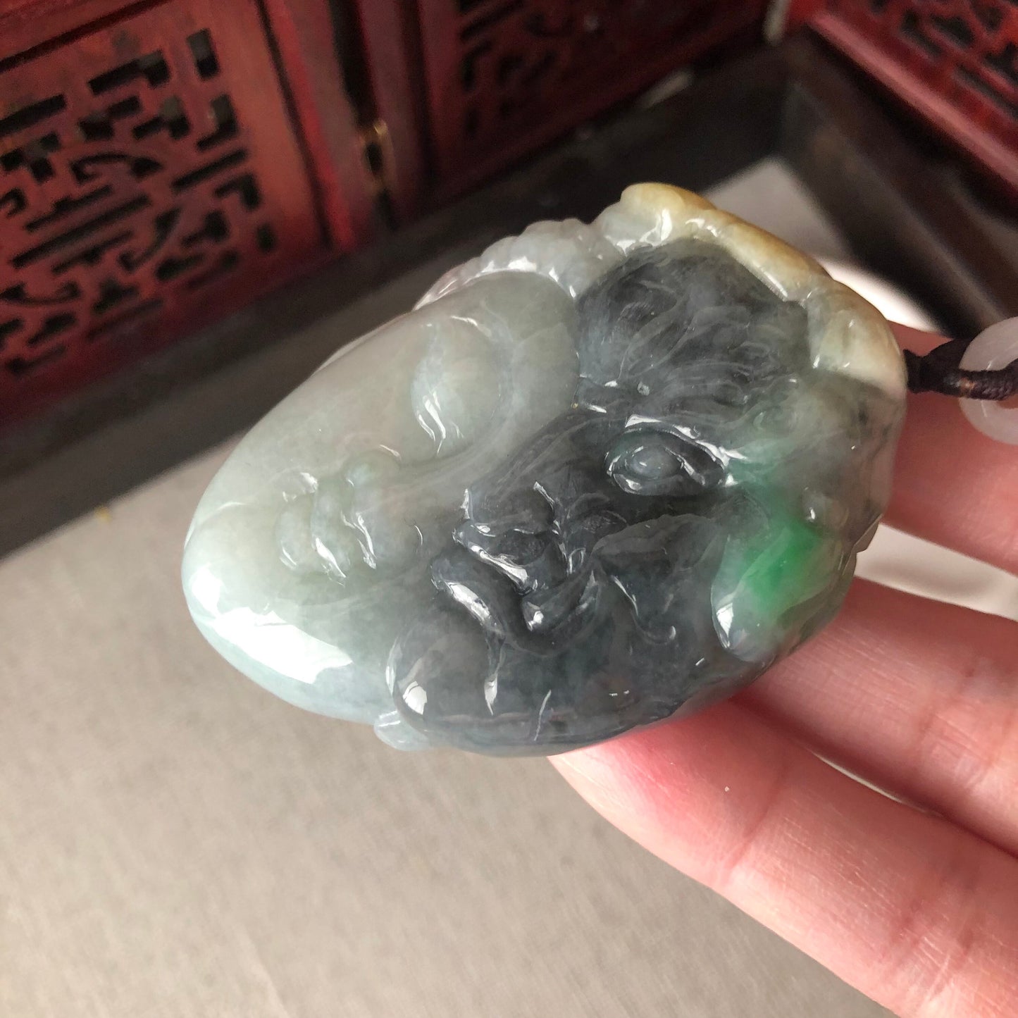 56mm Wuji Green Yellow Jadeite Jade Carved Buddha Duo Face Pendant RARE