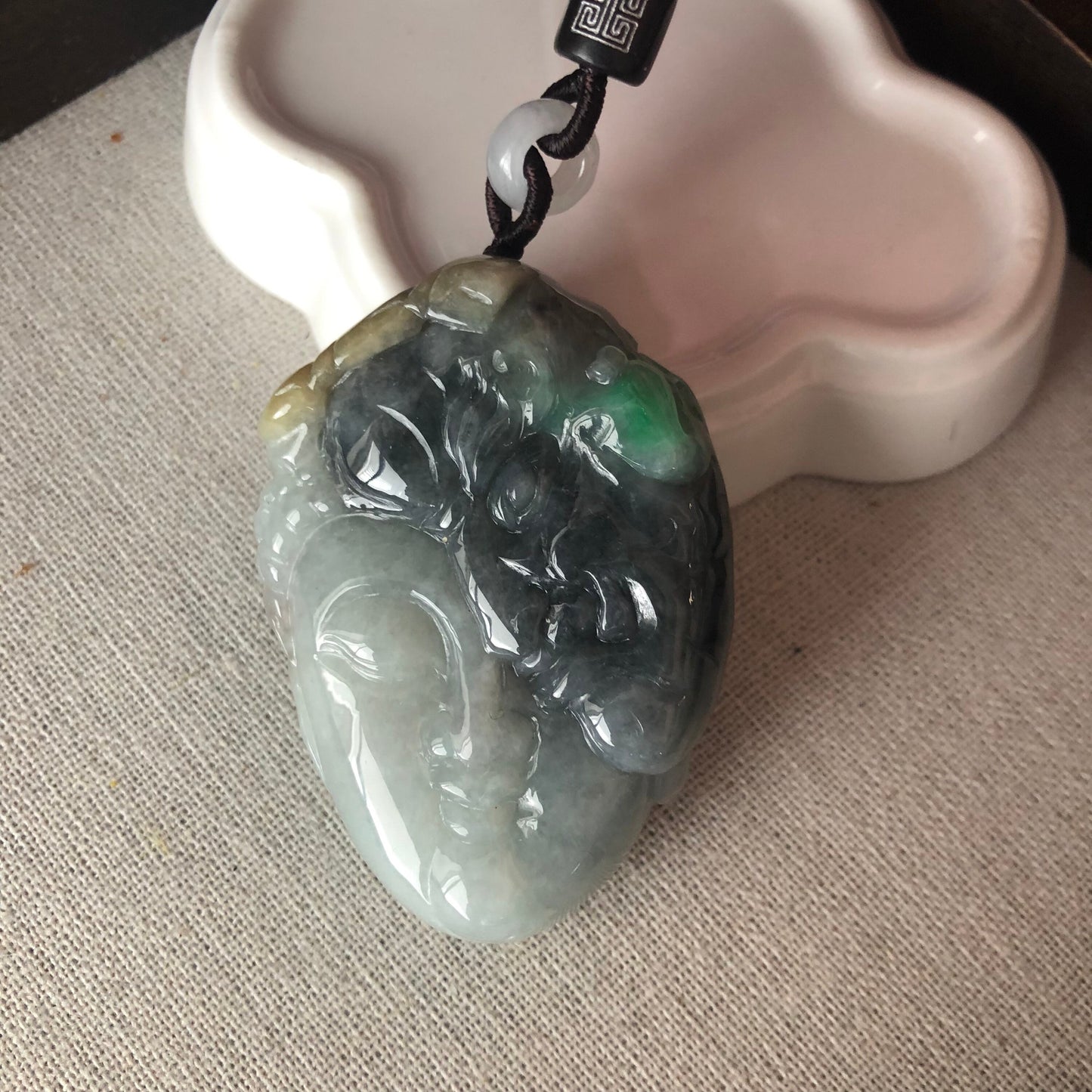 56mm Wuji Green Yellow Jadeite Jade Carved Buddha Duo Face Pendant RARE