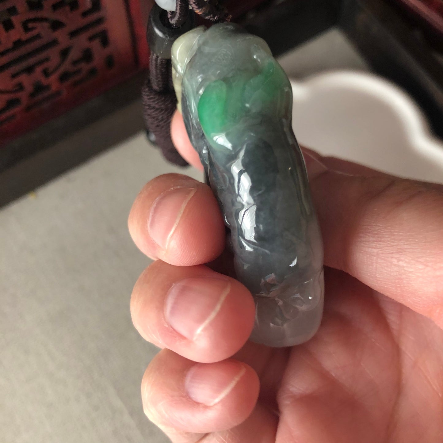 56mm Wuji Green Yellow Jadeite Jade Carved Buddha Duo Face Pendant RARE