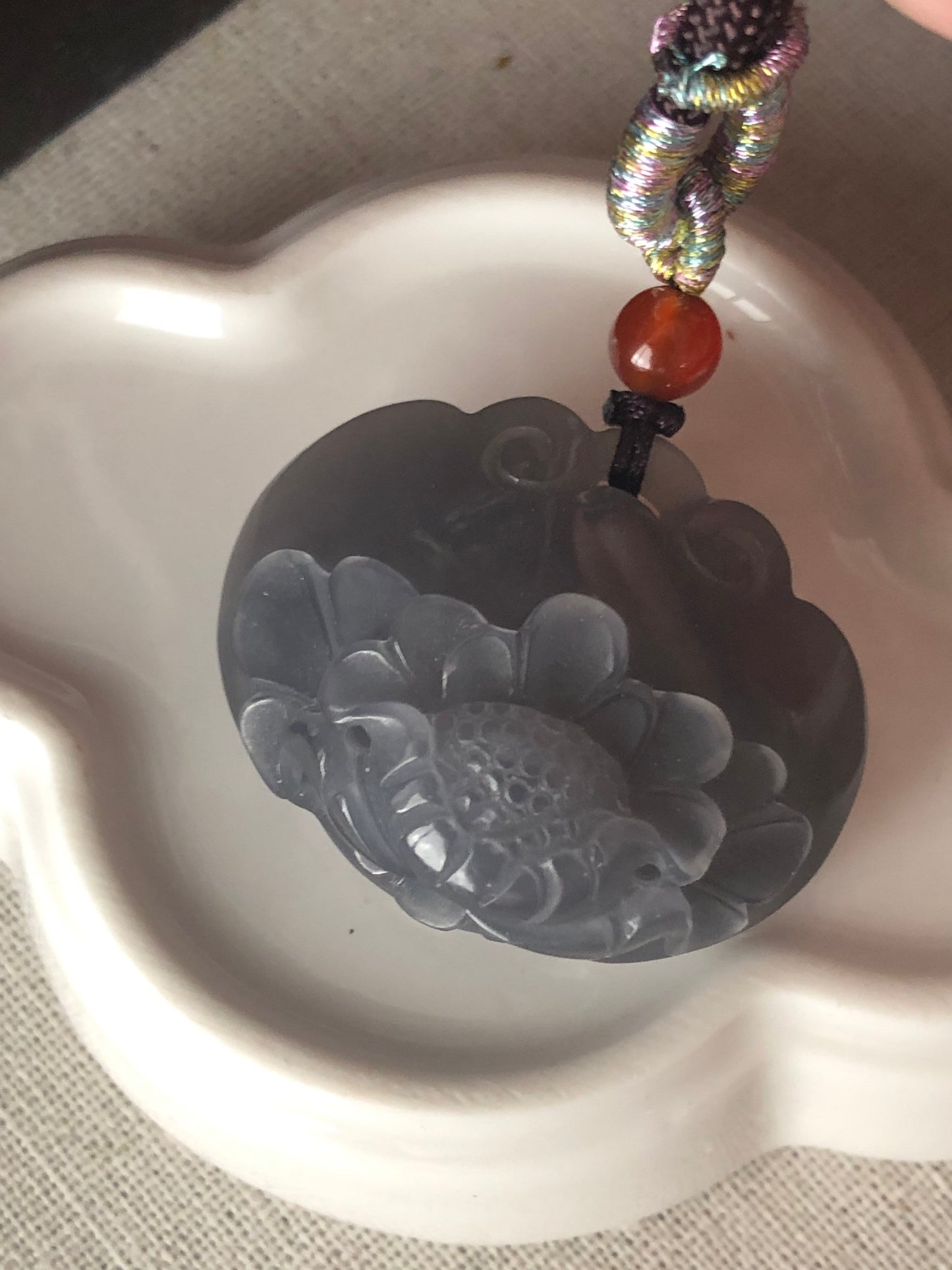 36mm Smoky Lavender Hetian Nephrite Jade Glutinous Carved Flower Lotus Pendant