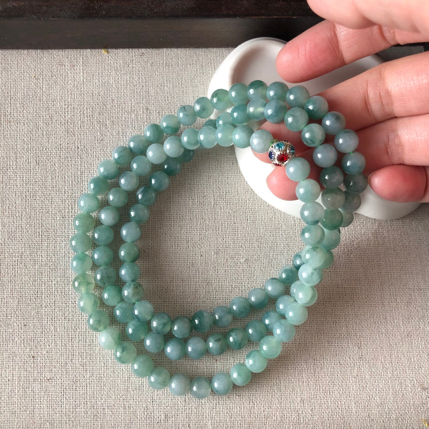 6.5mm Icy Green Floating Flowers Jadeite Jade Bead Bracelet Necklace 108 beads