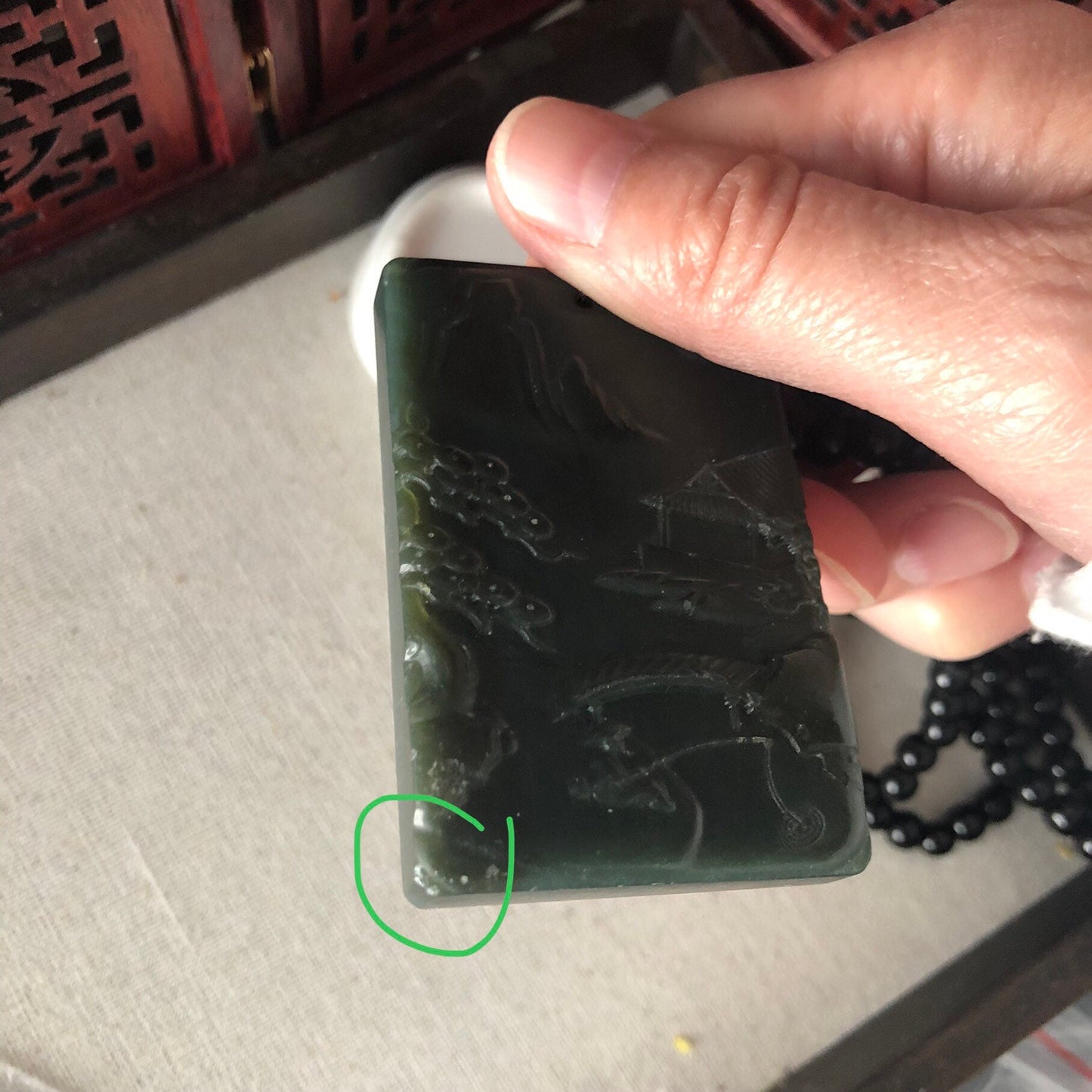 60.4mm Green Hetian Nephrite Jade Carved Landscape Scenery Pendant with Bead Necklace