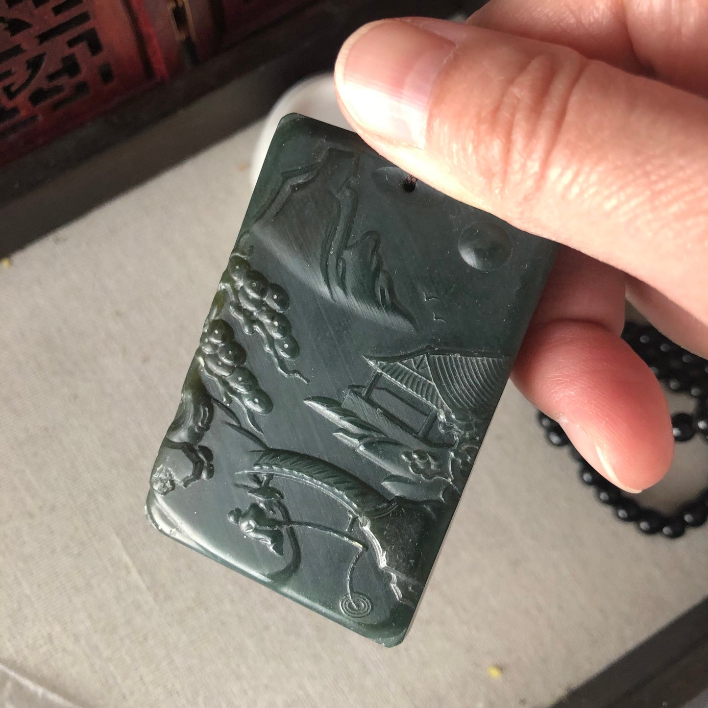 60.4mm Green Hetian Nephrite Jade Carved Landscape Scenery Pendant with Bead Necklace