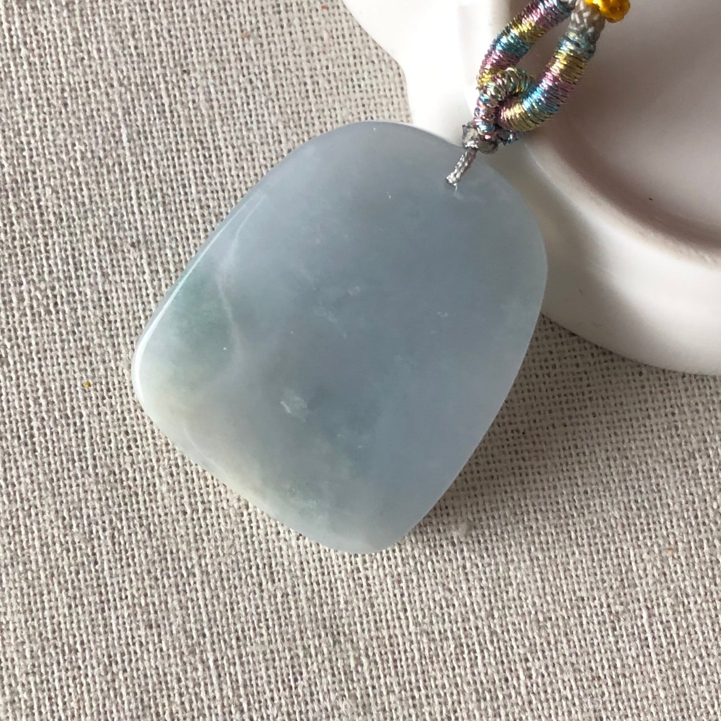 38.4 mm Sky Blue Yellow Jadeite Jade Carved Landscape Trees Mountain Pendant