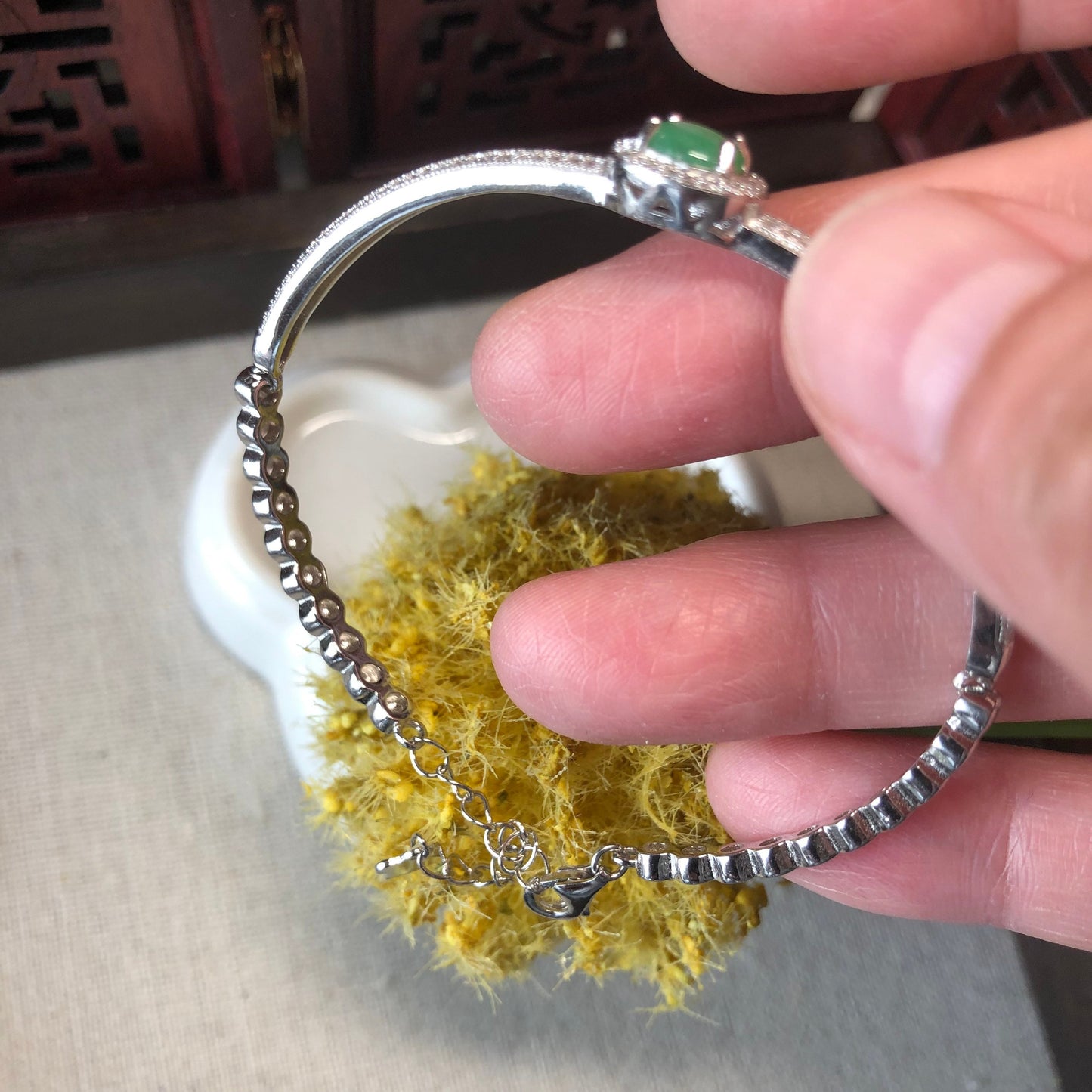 925 Sterling Silver Grade A Green Cabochon Jadeite Jade Bracelet