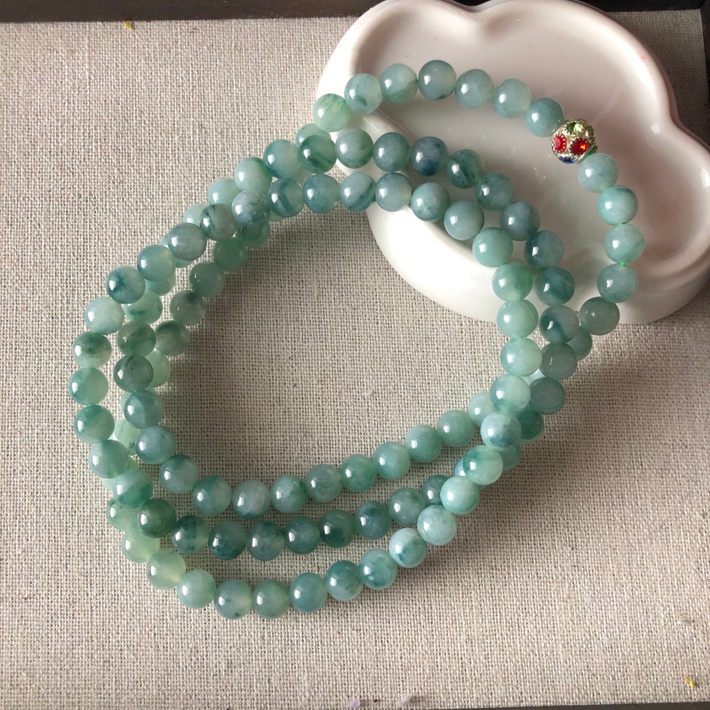 6.5mm Icy Green Floating Flowers Jadeite Jade Bead Bracelet Necklace 108 beads
