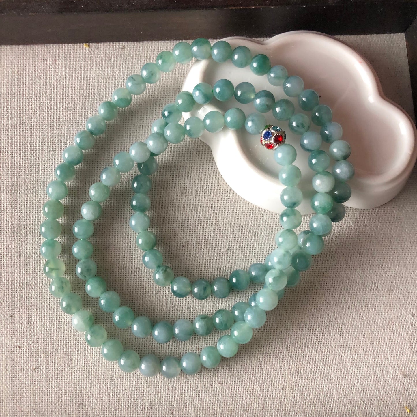6.5mm Icy Green Floating Flowers Jadeite Jade Bead Bracelet Necklace 108 beads