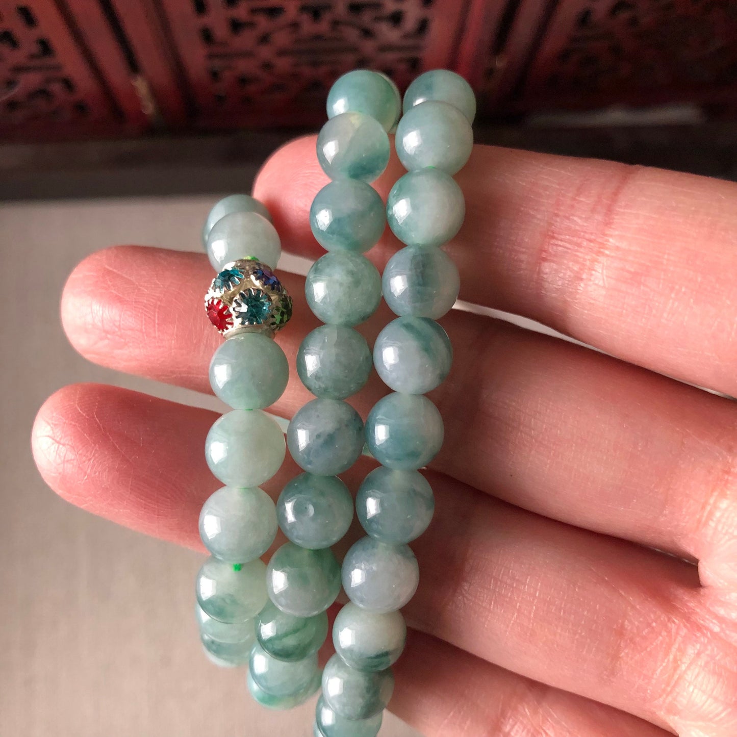 6.5mm Icy Green Floating Flowers Jadeite Jade Bead Bracelet Necklace 108 beads
