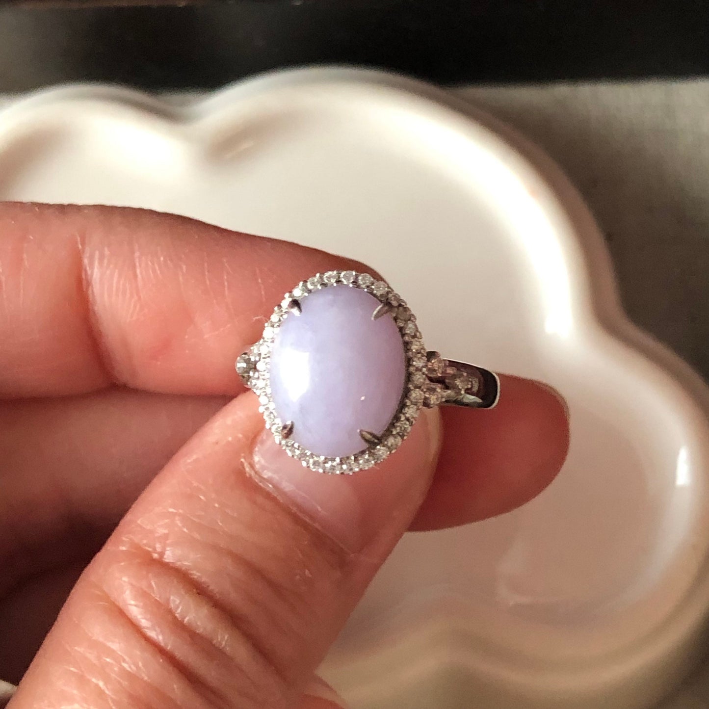 11.4mm Jadeite Jade Lavender Cabochon Carved Ring set on 925 sterling silver.