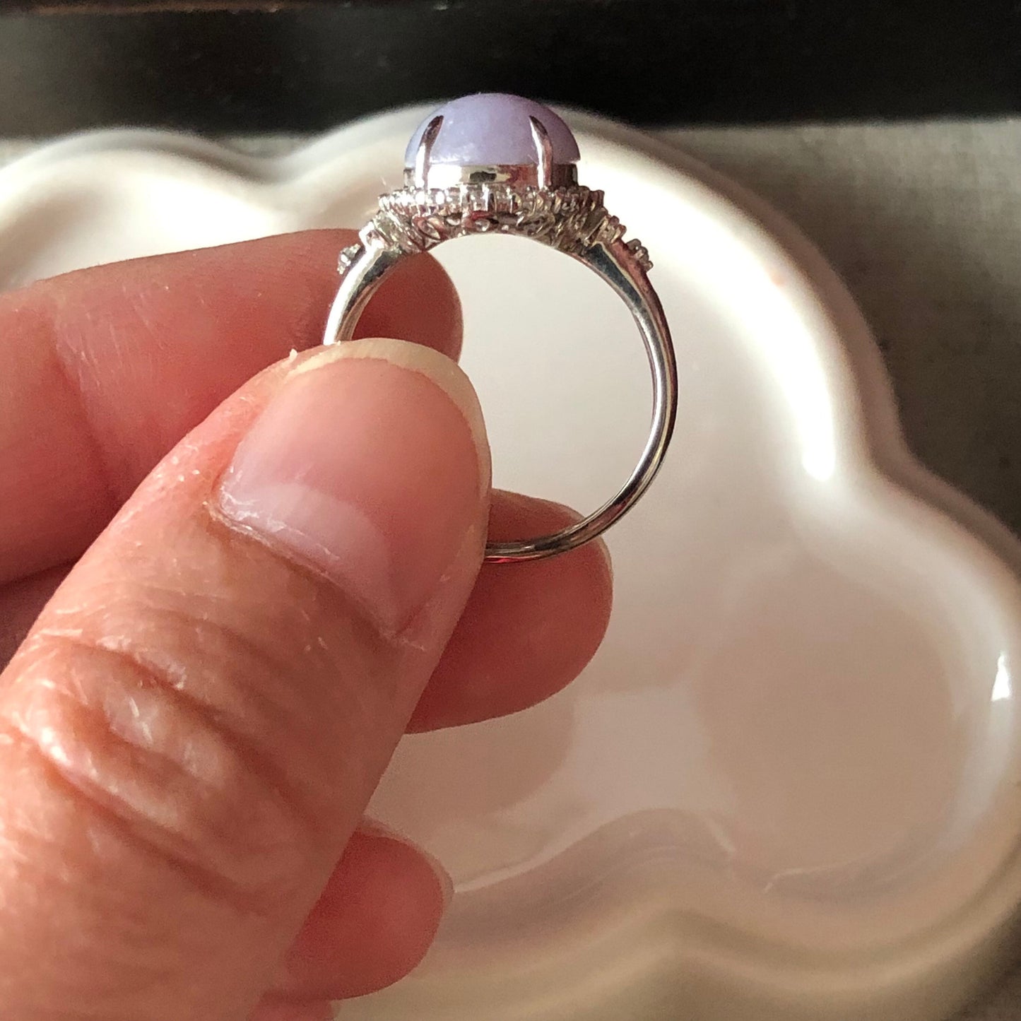 11.4mm Jadeite Jade Lavender Cabochon Carved Ring set on 925 sterling silver.