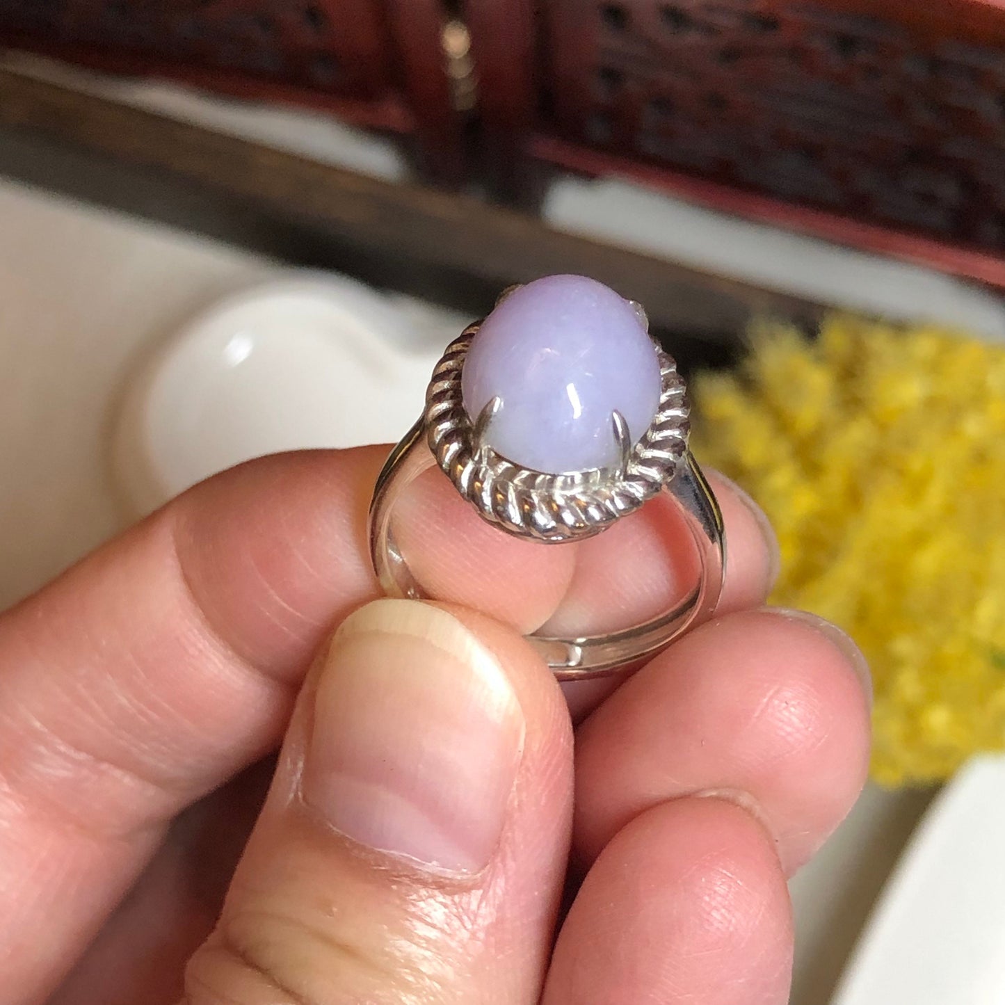 Jadeite Jade Lavender Cabochon Carved Ring set on 925 sterling silver.