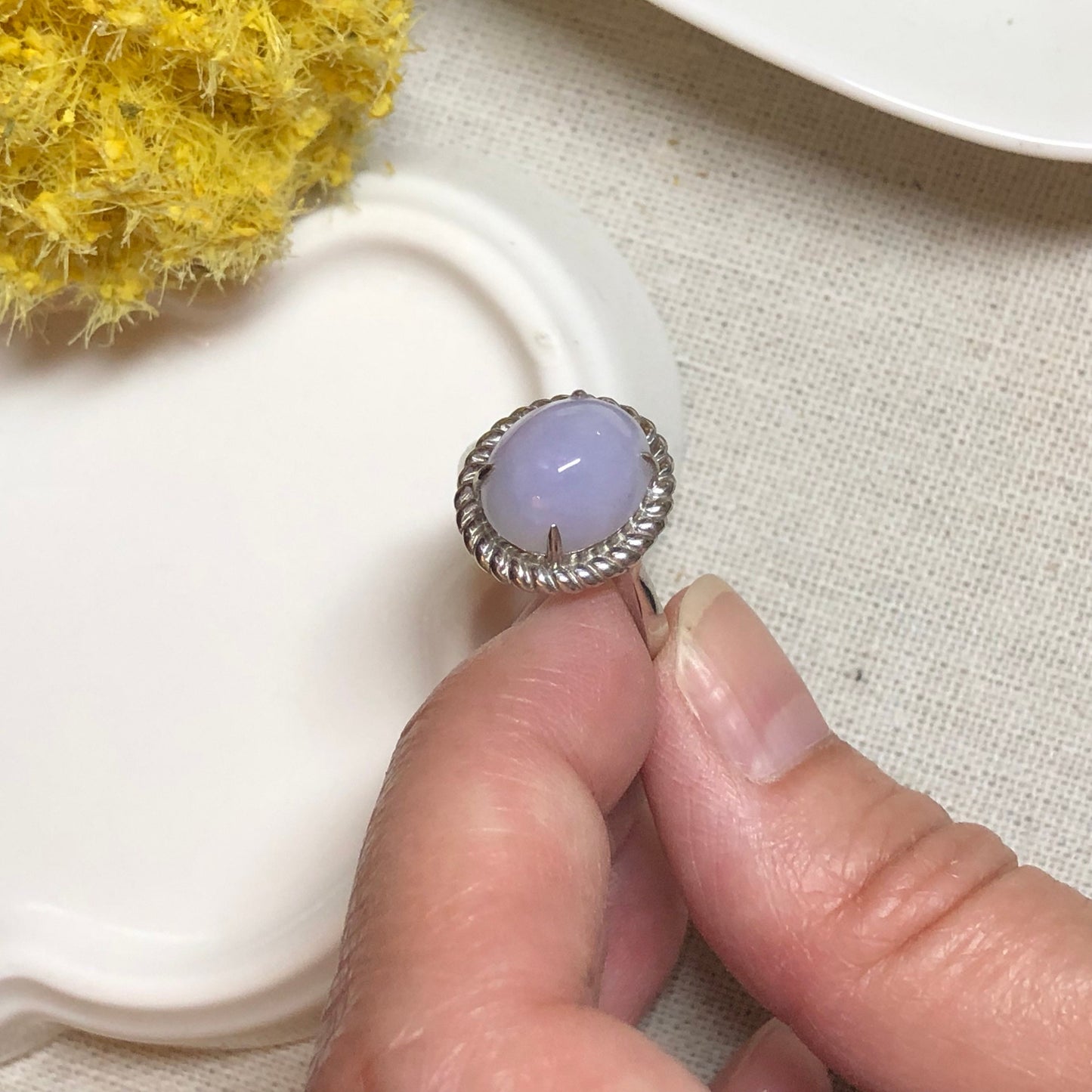 Jadeite Jade Lavender Cabochon Carved Ring set on 925 sterling silver.