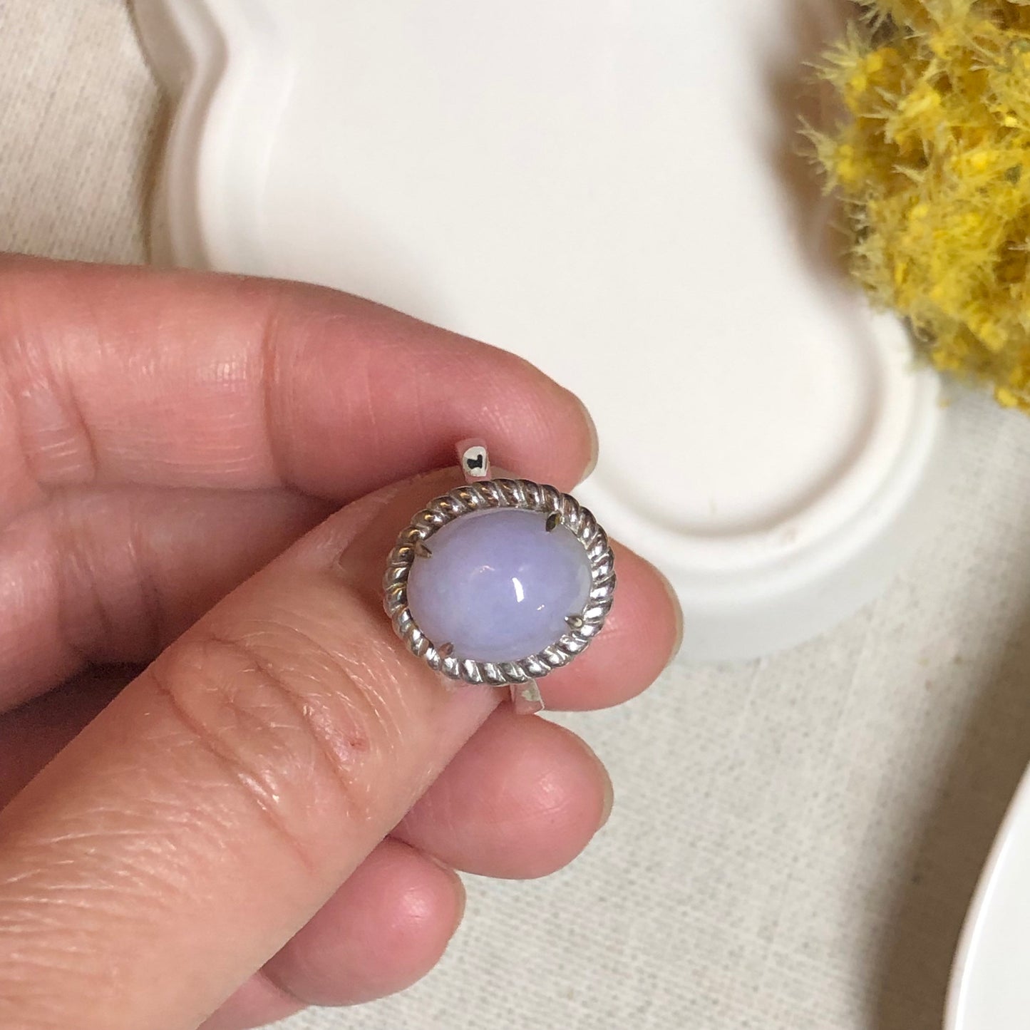 Jadeite Jade Lavender Cabochon Carved Ring set on 925 sterling silver.