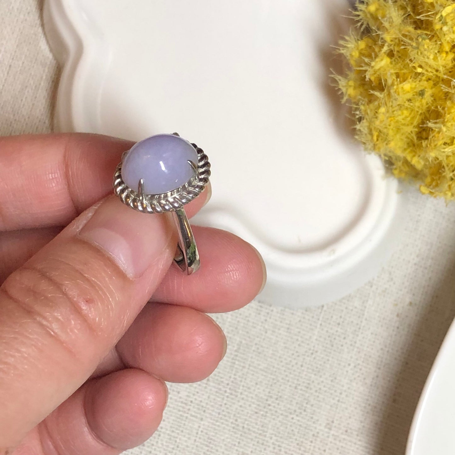 Jadeite Jade Lavender Cabochon Carved Ring set on 925 sterling silver.