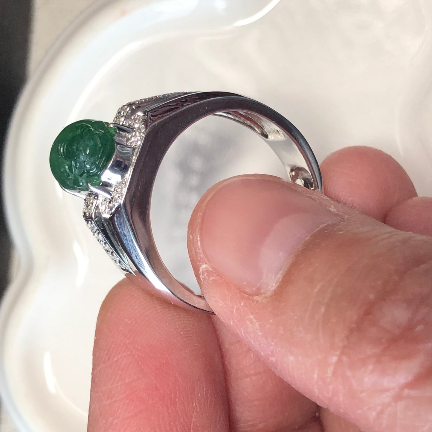 925 Silver Carved Pixiu Men Jadeite Jade Green Ring