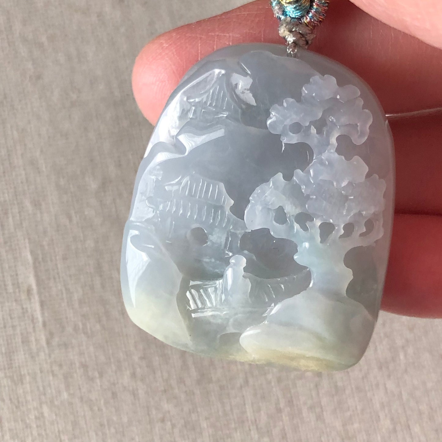 38.4 mm Sky Blue Yellow Jadeite Jade Carved Landscape Trees Mountain Pendant