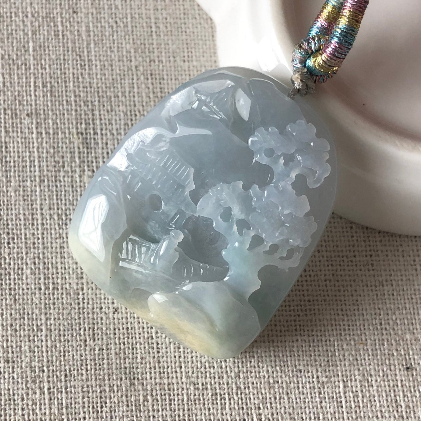 38.4 mm Sky Blue Yellow Jadeite Jade Carved Landscape Trees Mountain Pendant