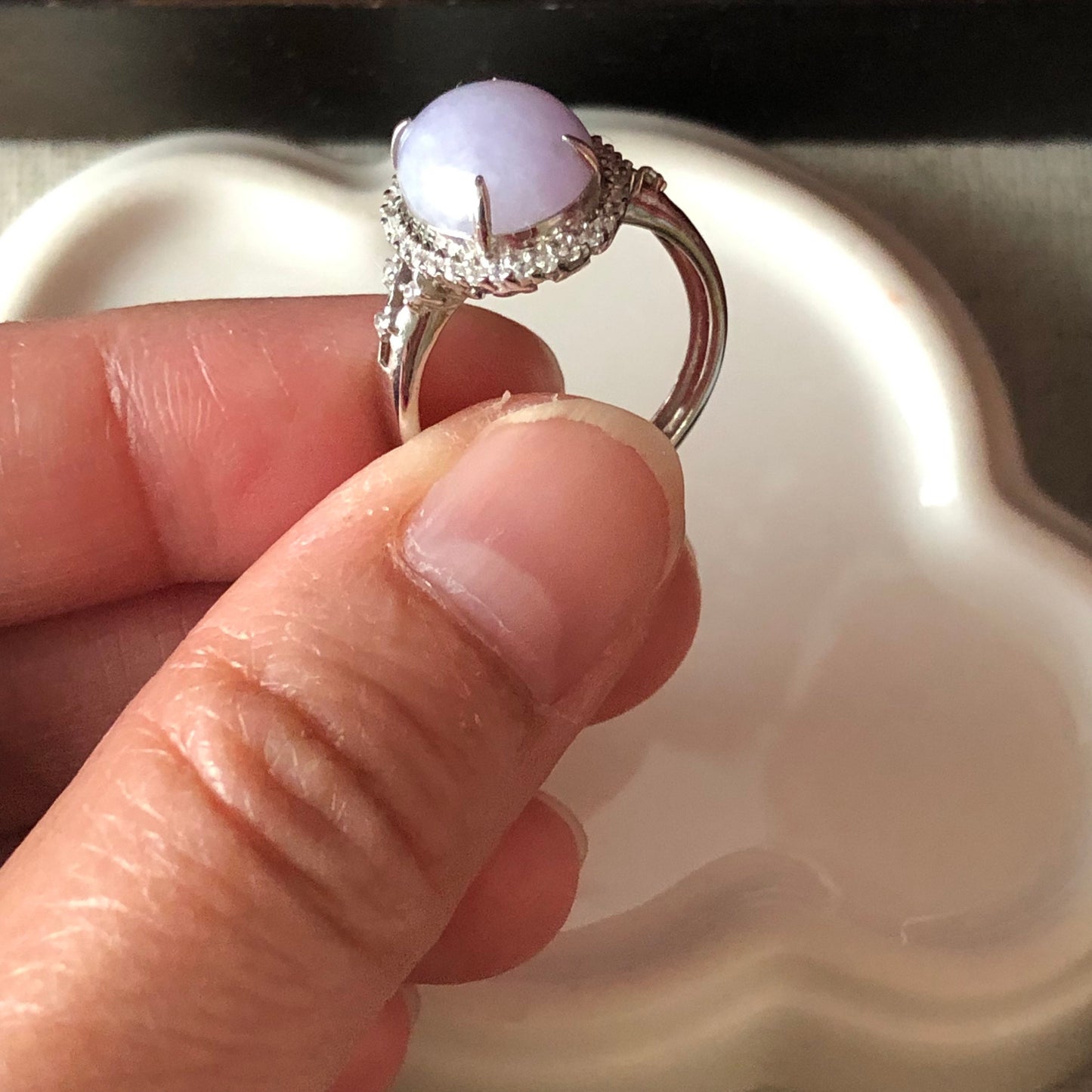 11.4mm Jadeite Jade Lavender Cabochon Carved Ring set on 925 sterling silver.
