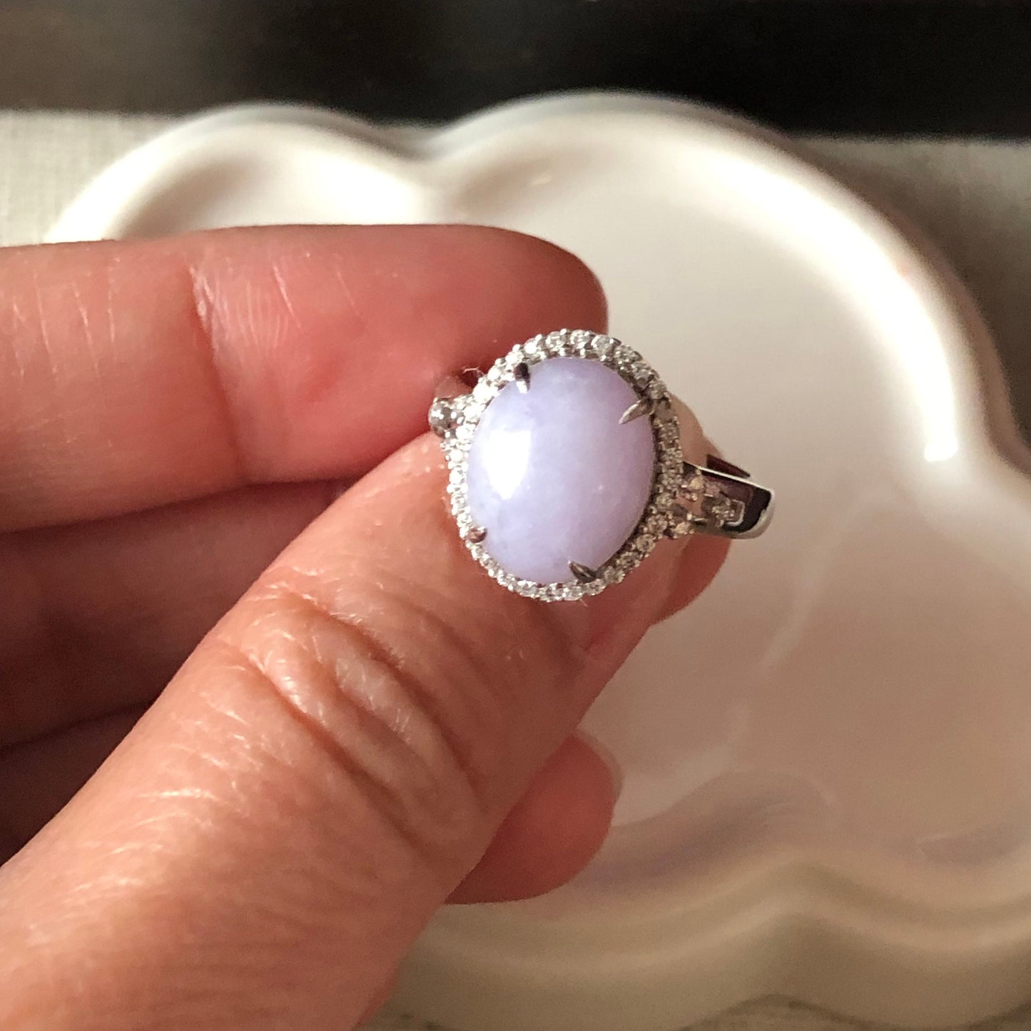 11.4mm Jadeite Jade Lavender Cabochon Carved Ring set on 925 sterling silver.