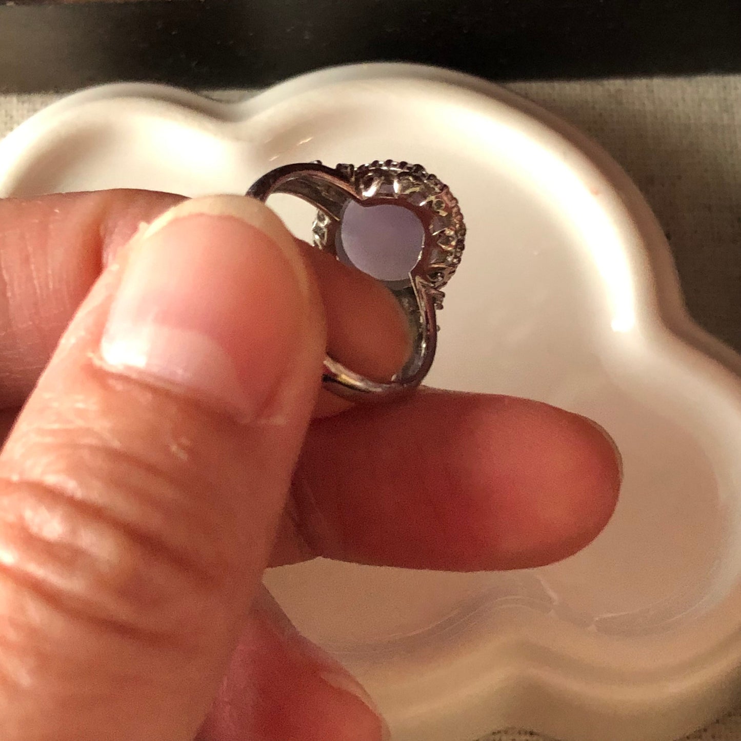 11.4mm Jadeite Jade Lavender Cabochon Carved Ring set on 925 sterling silver.