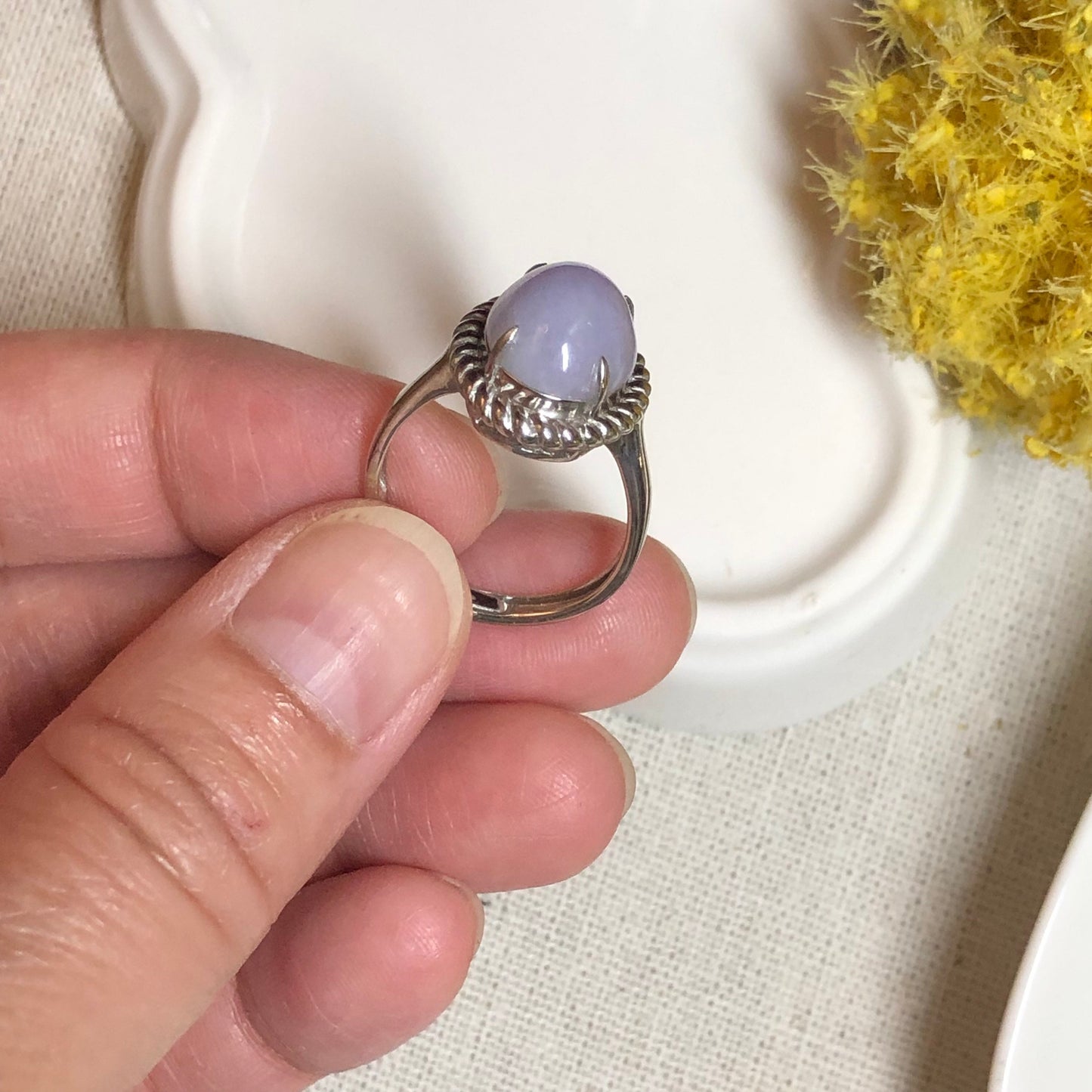 Jadeite Jade Lavender Cabochon Carved Ring set on 925 sterling silver.