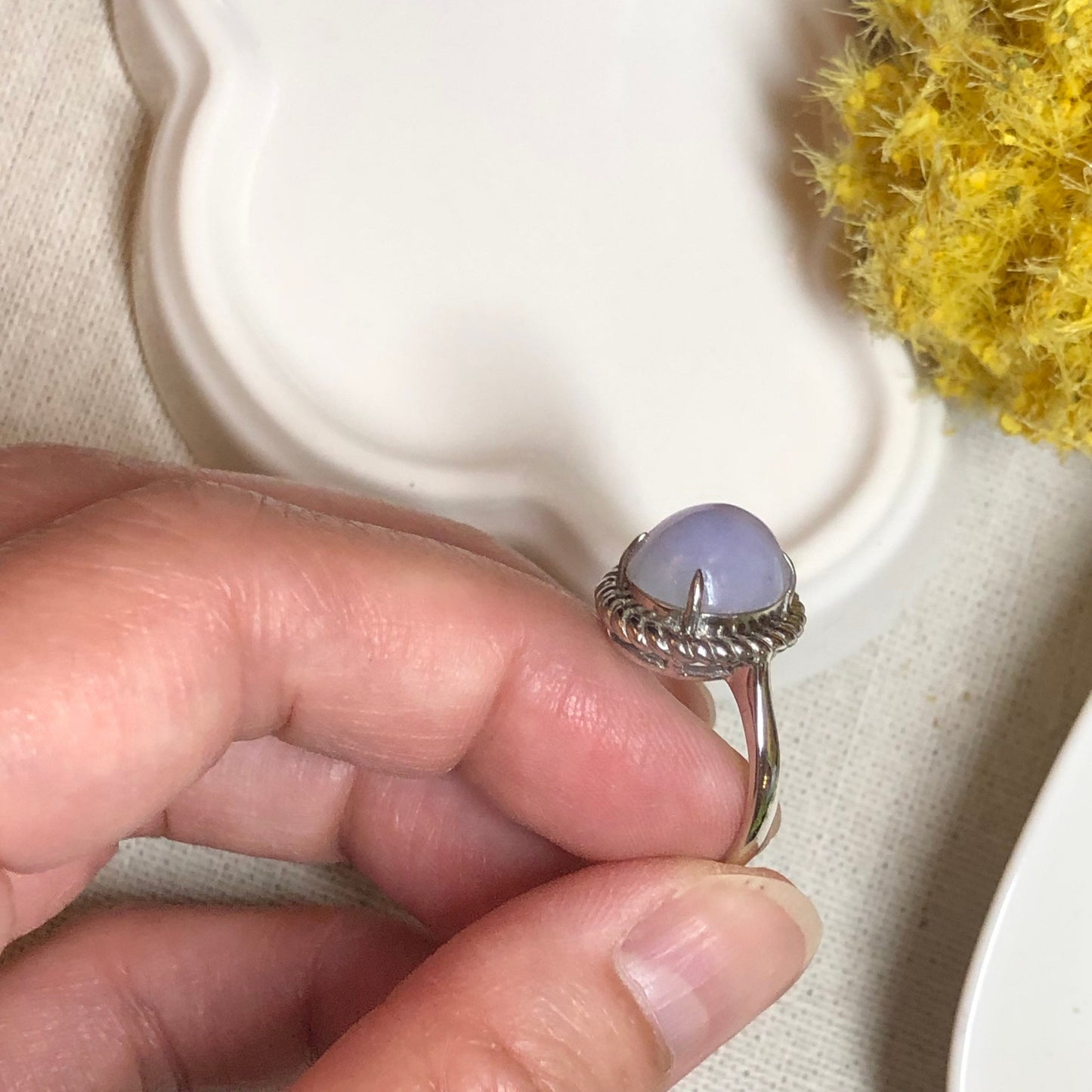 Jadeite Jade Lavender Cabochon Carved Ring set on 925 sterling silver.