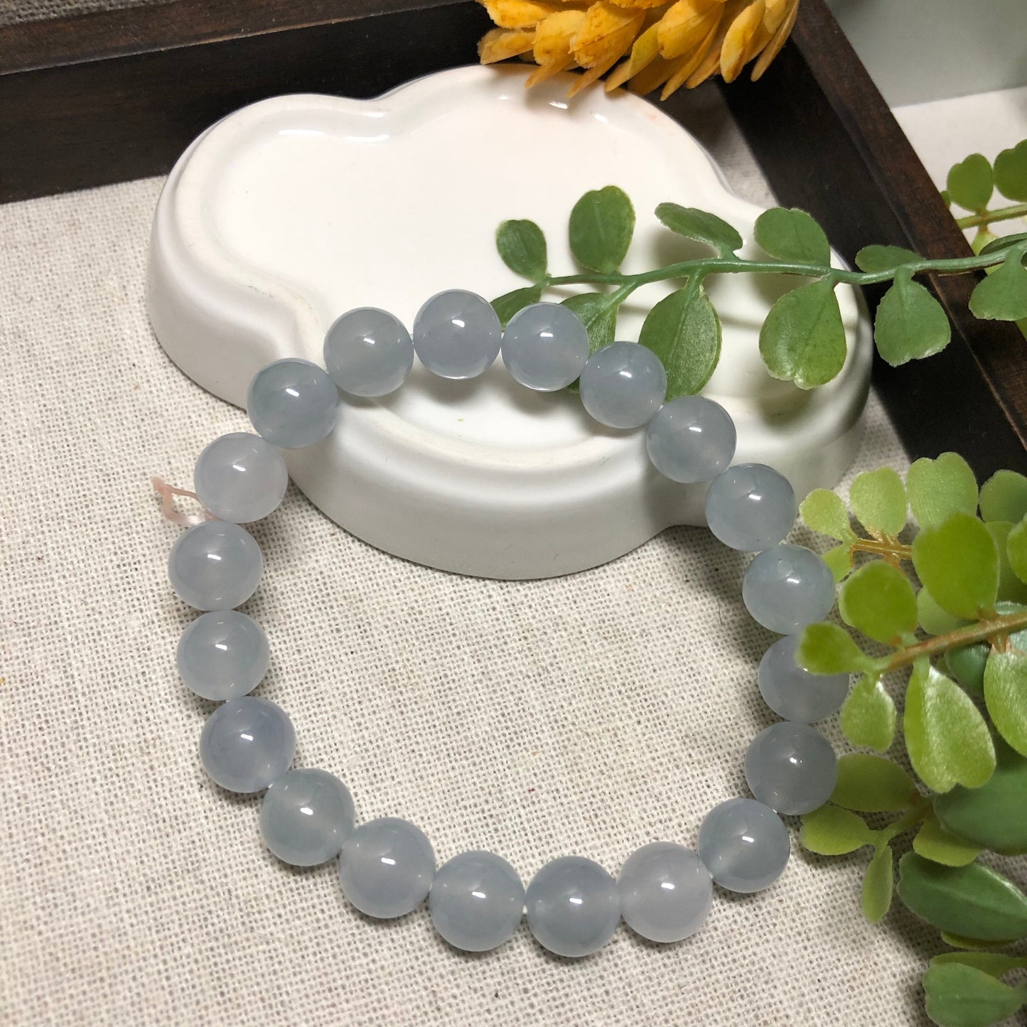 Reserved. 10mm Icy Glutinous Moist Light Tint Blue Jadeite Jade Bead Bracelet