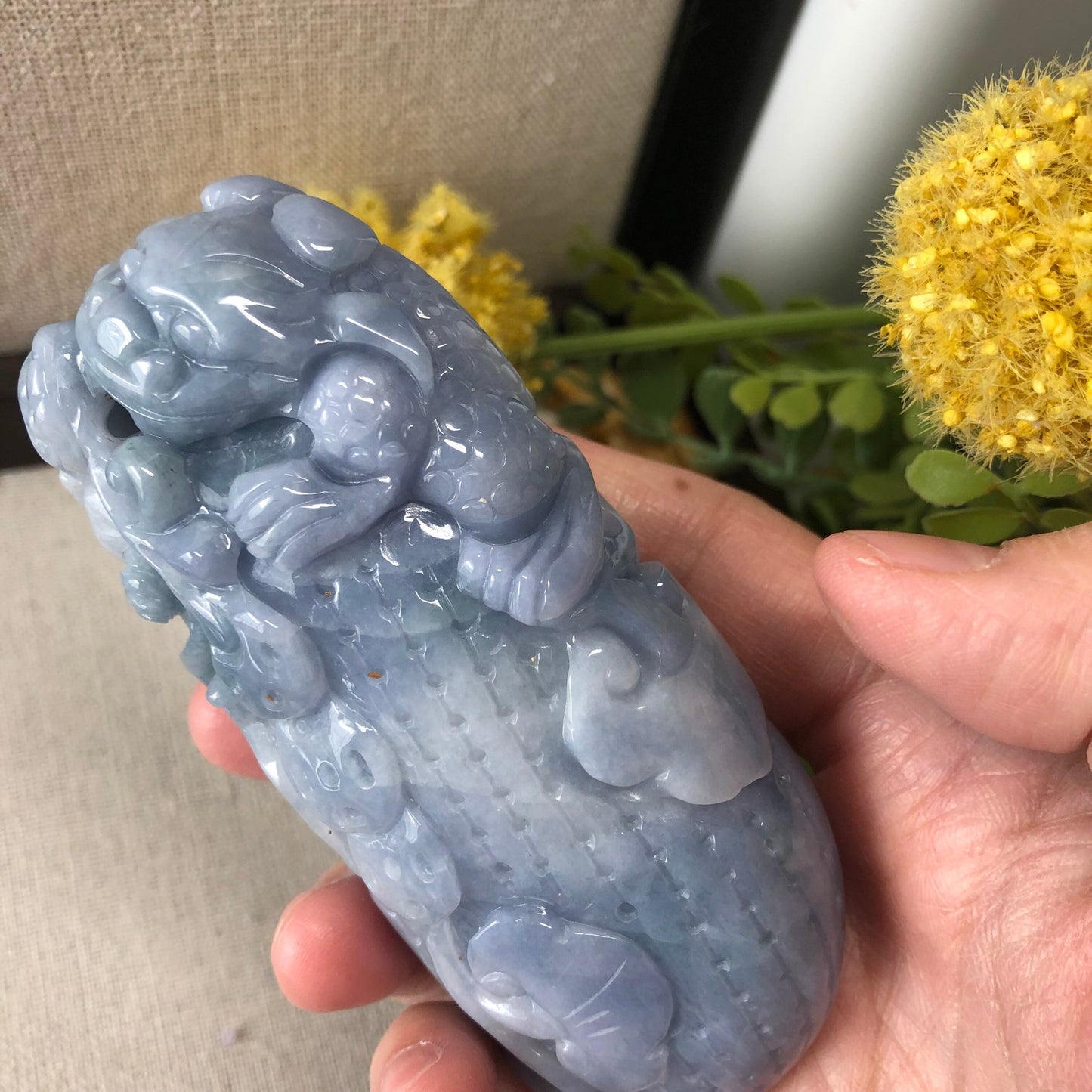 Reserved: 98.8mm Blue Lavender Jadeite Jade Carved Pixiu Peanut 3 Legged Toad Display