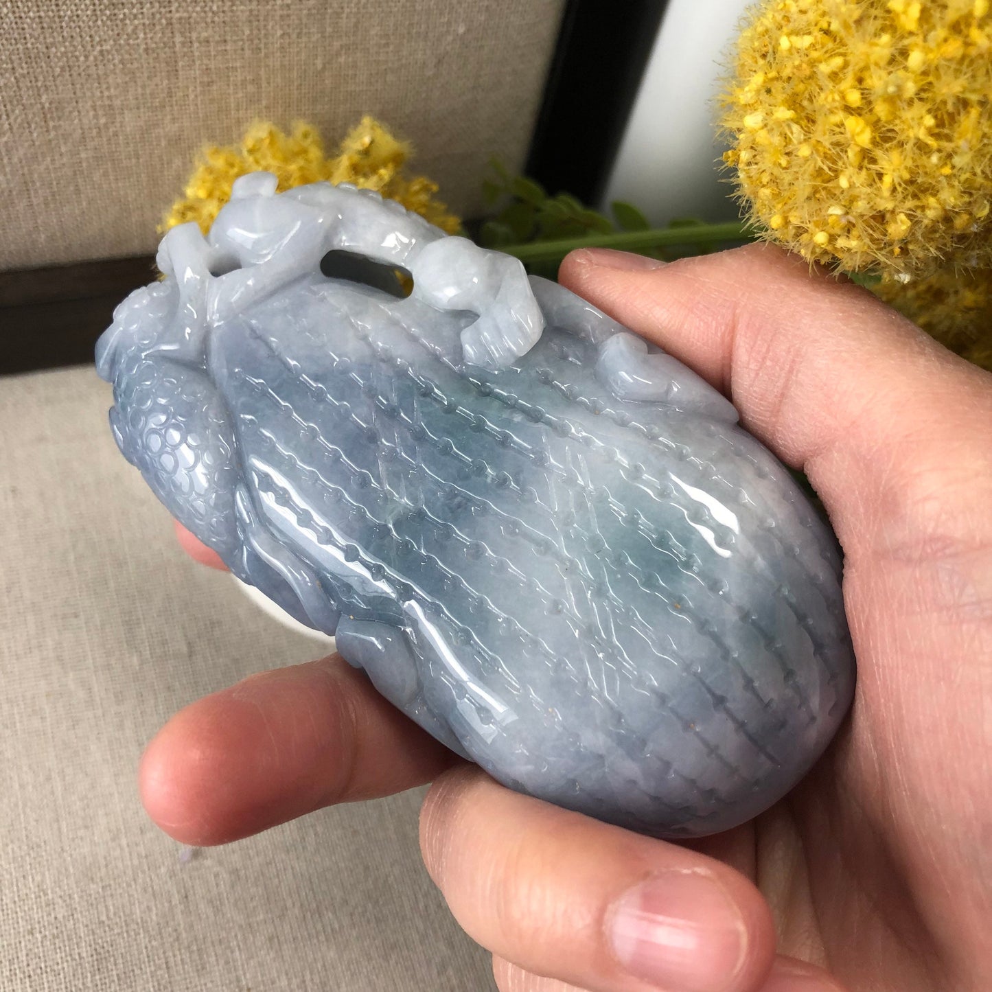 Reserved: 98.8mm Blue Lavender Jadeite Jade Carved Pixiu Peanut 3 Legged Toad Display