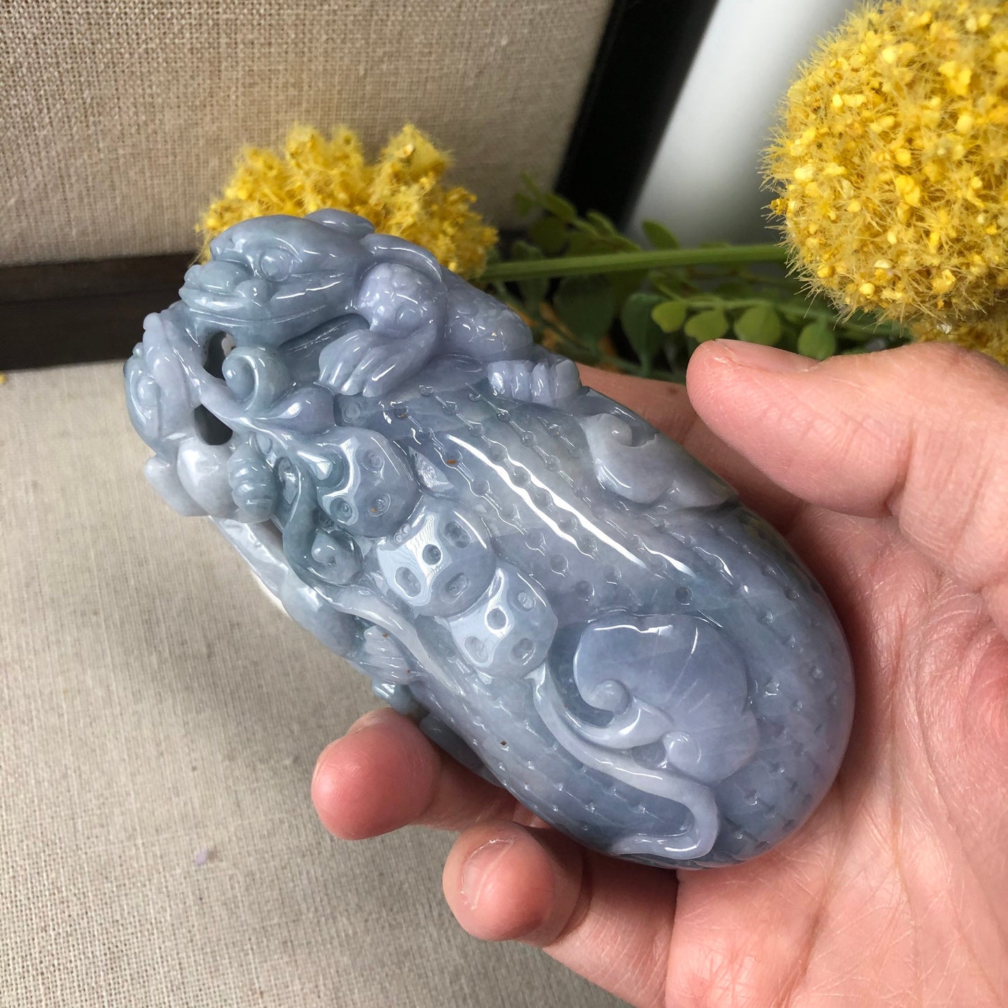 Reserved: 98.8mm Blue Lavender Jadeite Jade Carved Pixiu Peanut 3 Legged Toad Display