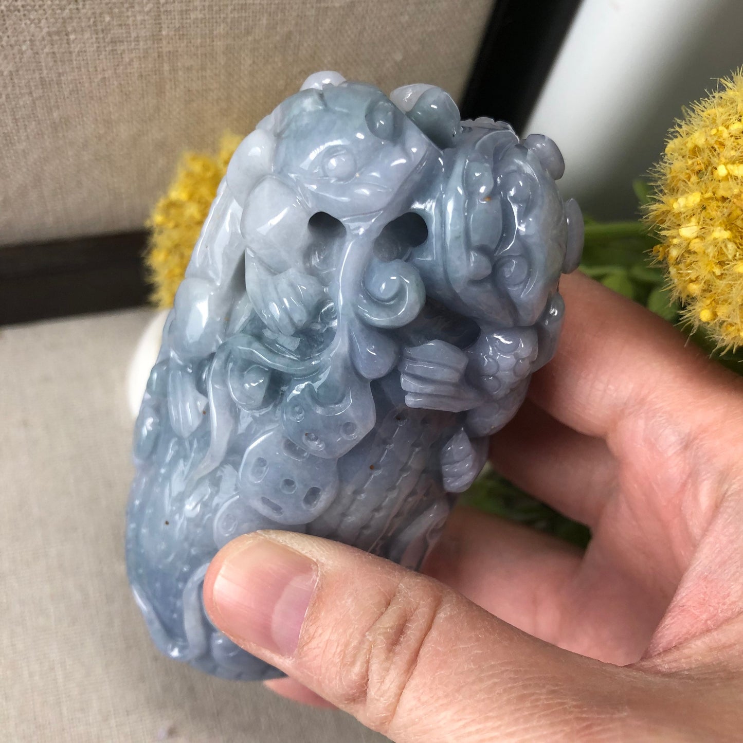 Reserved: 98.8mm Blue Lavender Jadeite Jade Carved Pixiu Peanut 3 Legged Toad Display