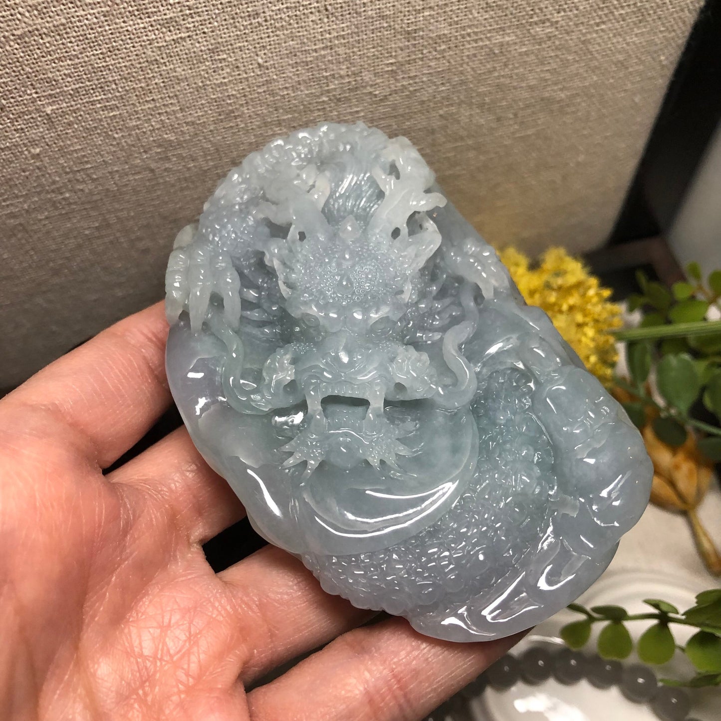 91.2mm Jadeite Jade Icy Glutinous Sky Blue Carved Dragon Statue Display