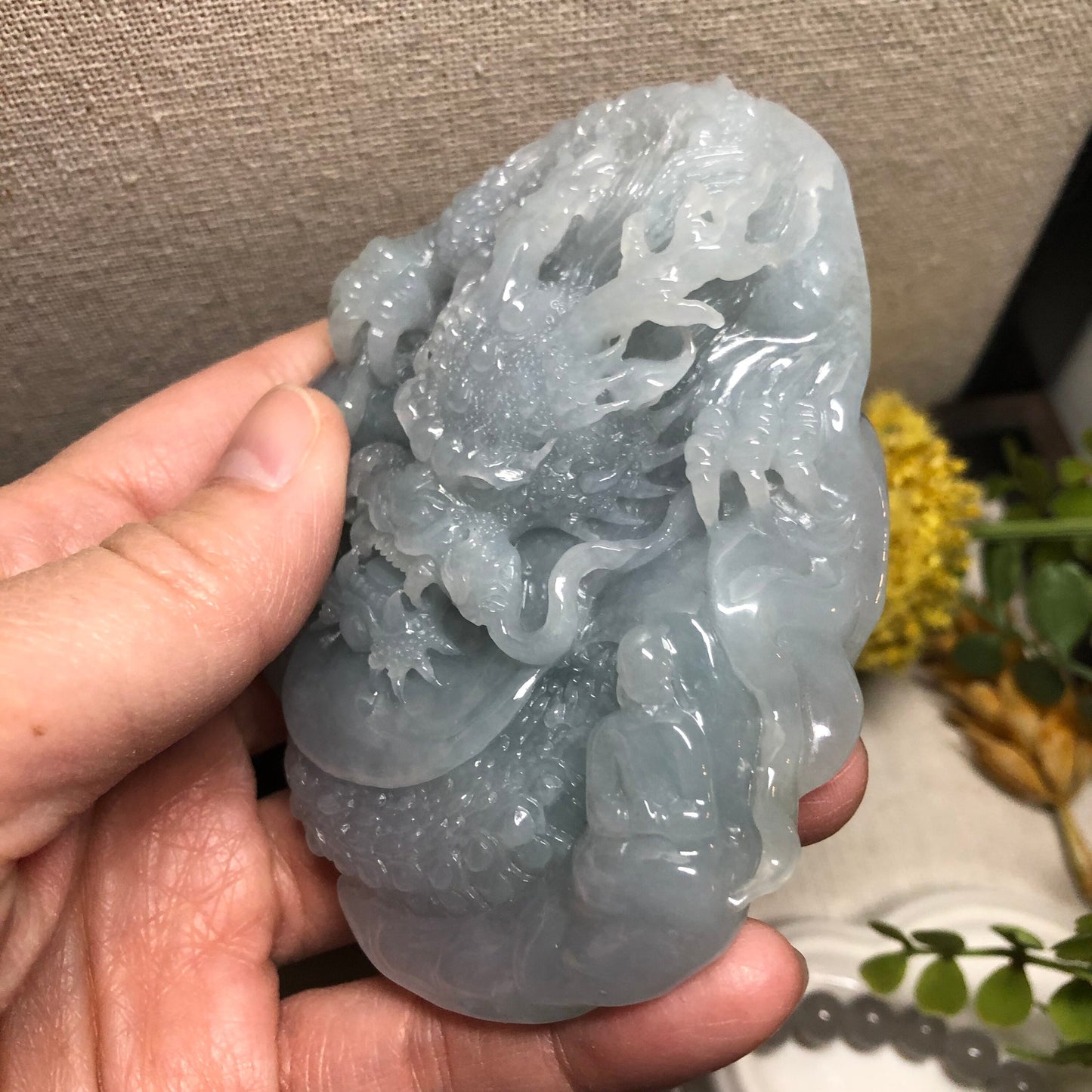 91.2mm Jadeite Jade Icy Glutinous Sky Blue Carved Dragon Statue Display