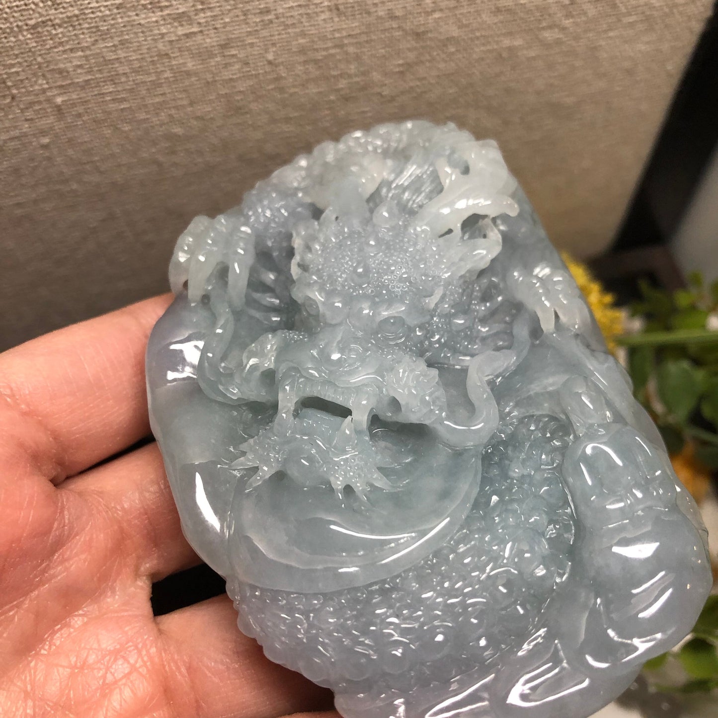 91.2mm Jadeite Jade Icy Glutinous Sky Blue Carved Dragon Statue Display