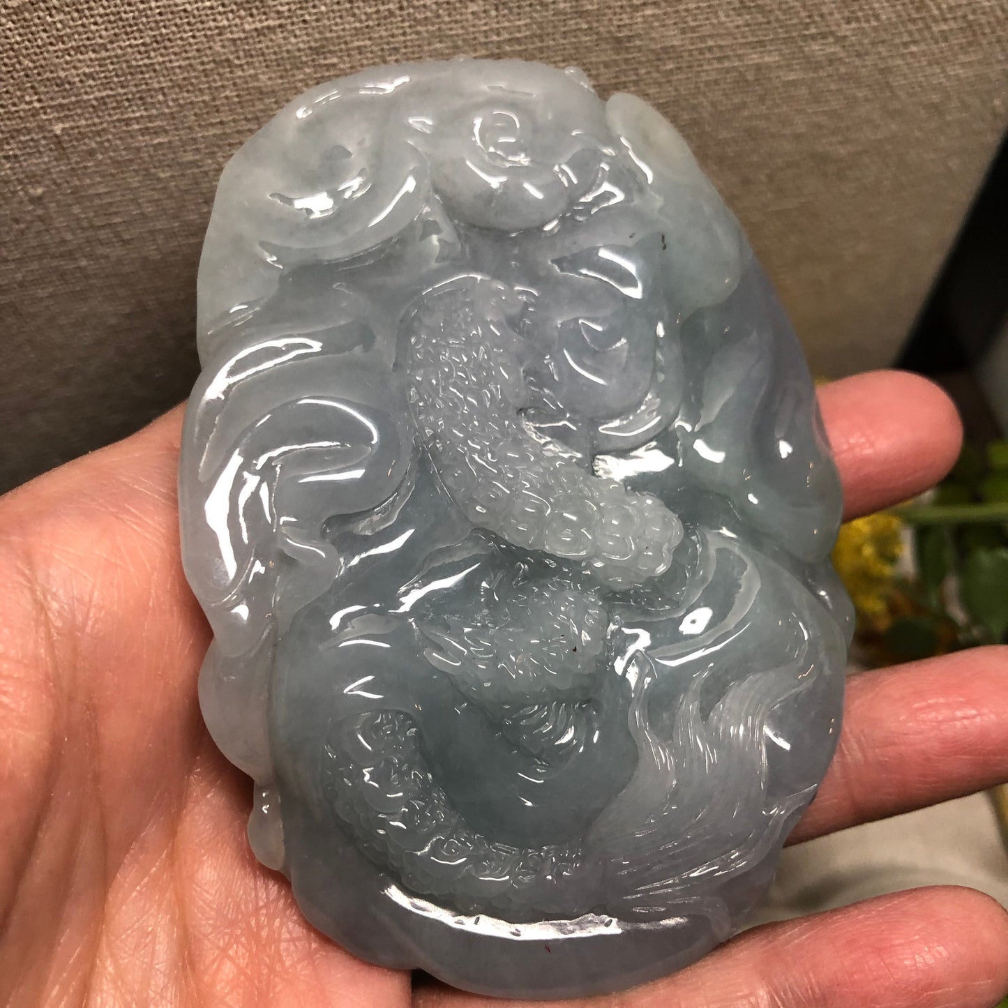 91.2mm Jadeite Jade Icy Glutinous Sky Blue Carved Dragon Statue Display