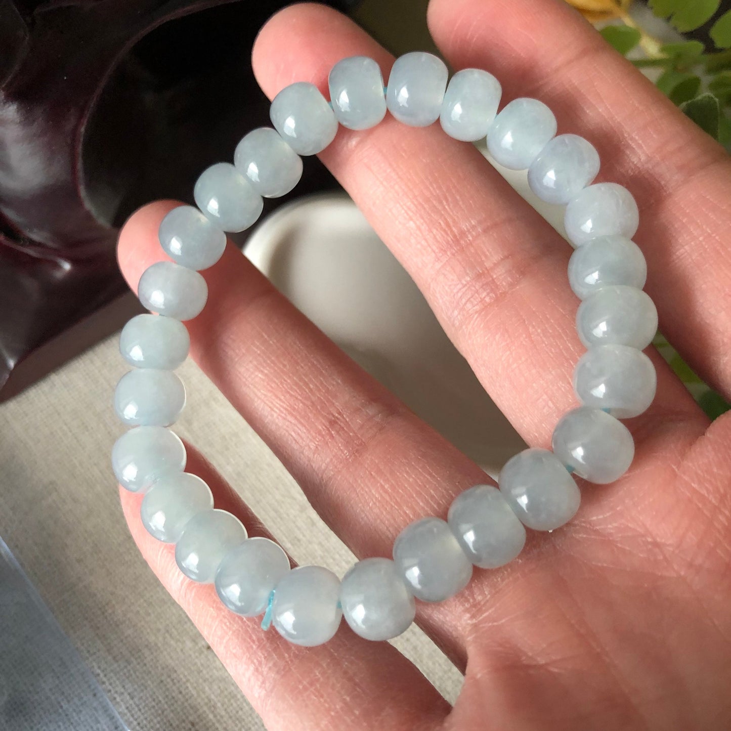 8 mm Icy Sky Blue Jade Jadeite Flat Bead Bracelet