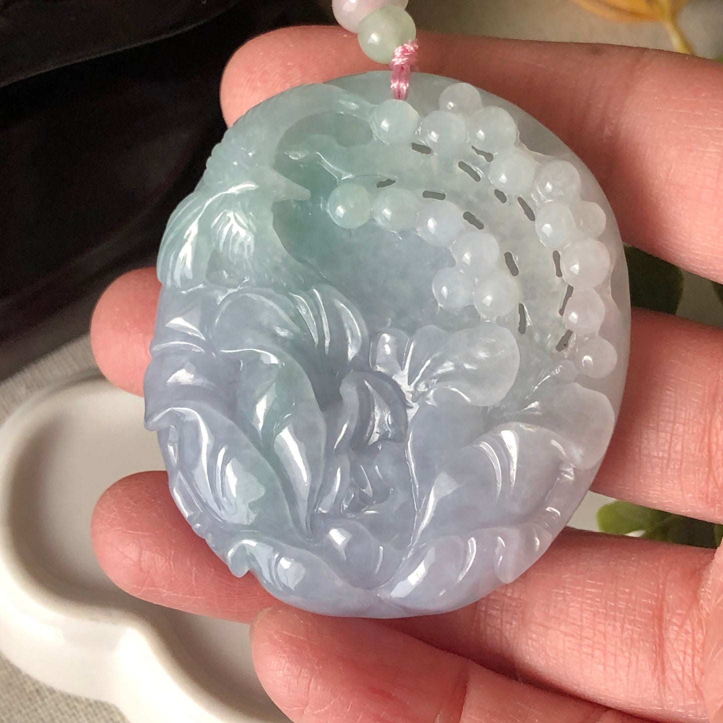 52.7 Icy Duo Blue Lavender Jadeite Jade Carved Flower Bird Scenery Pendant