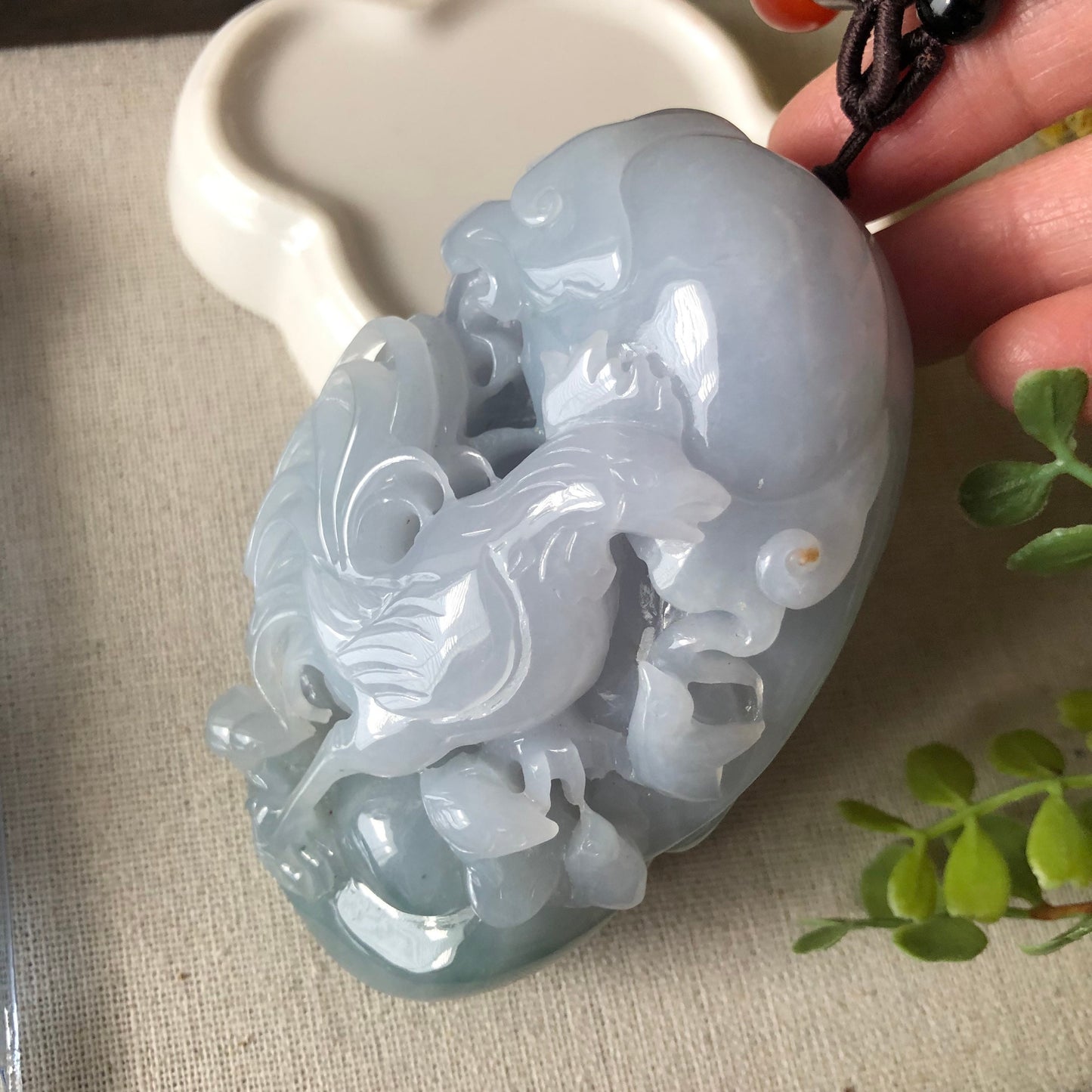 Reserved. 87.4mm Jadeite Jade Icy Glutinous Sky Blue Carved Rooster Hand Medal Display