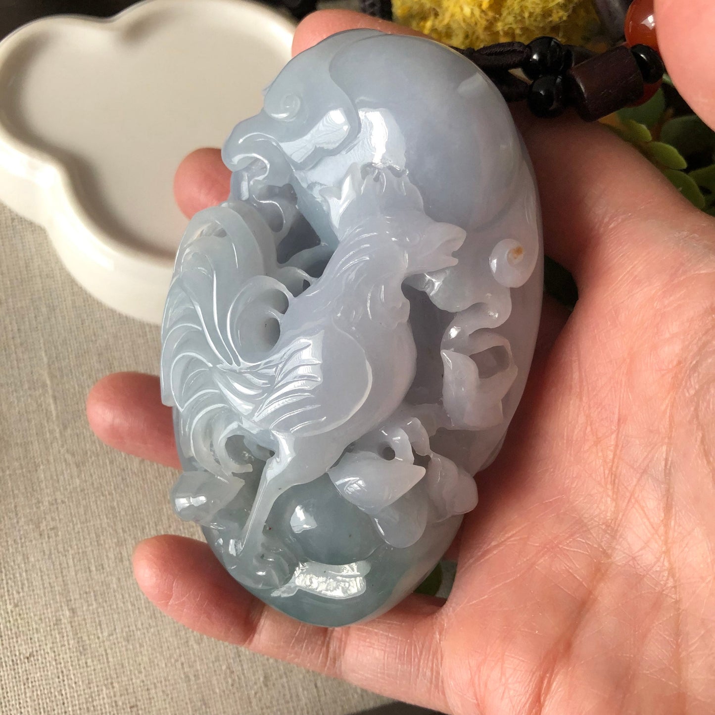 Reserved. 87.4mm Jadeite Jade Icy Glutinous Sky Blue Carved Rooster Hand Medal Display