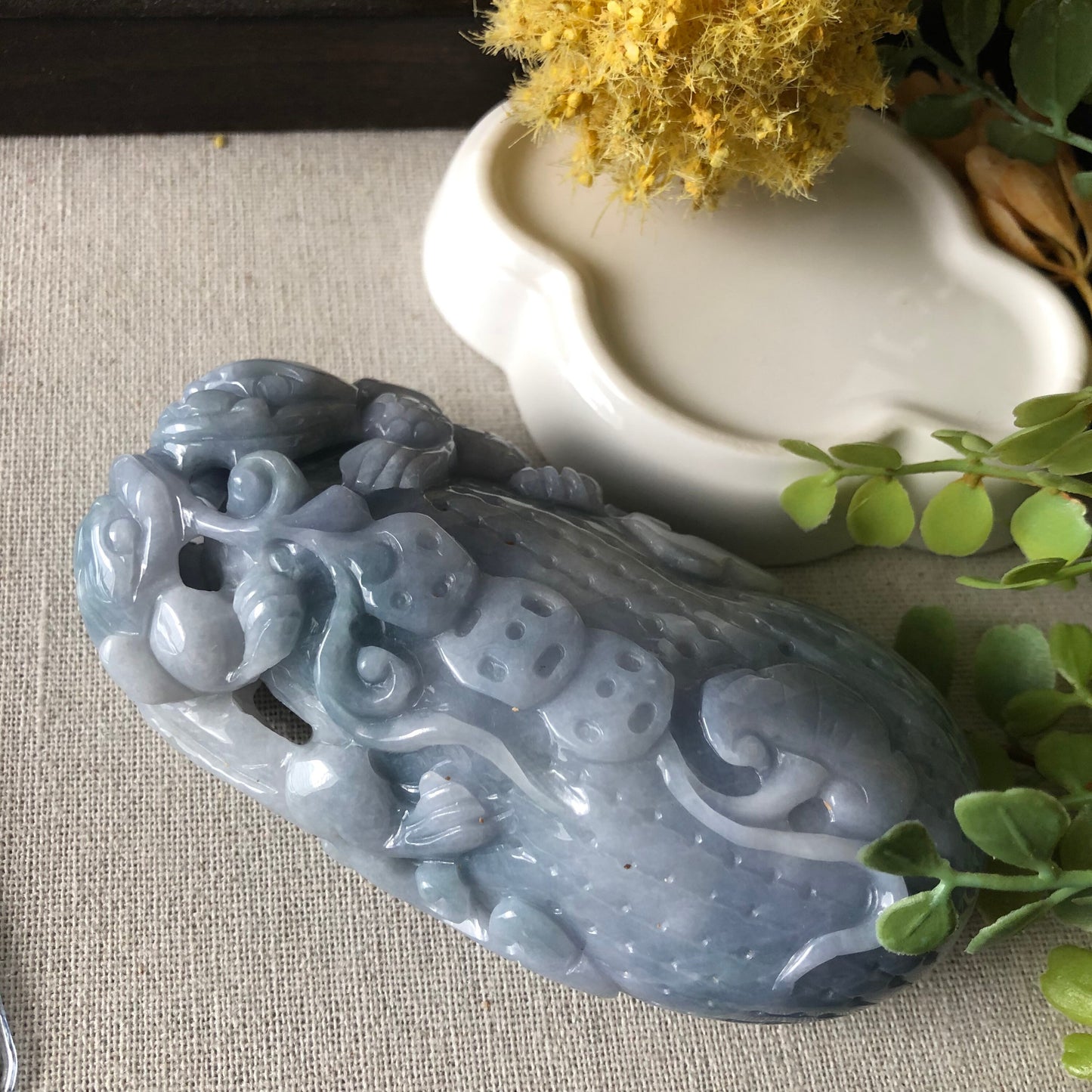 Reserved: 98.8mm Blue Lavender Jadeite Jade Carved Pixiu Peanut 3 Legged Toad Display