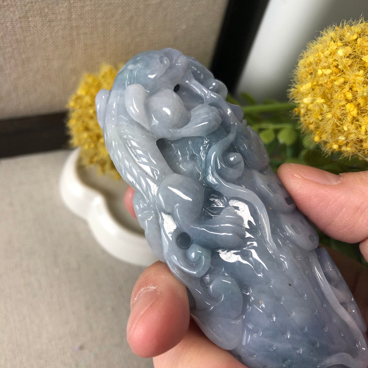 Reserved: 98.8mm Blue Lavender Jadeite Jade Carved Pixiu Peanut 3 Legged Toad Display